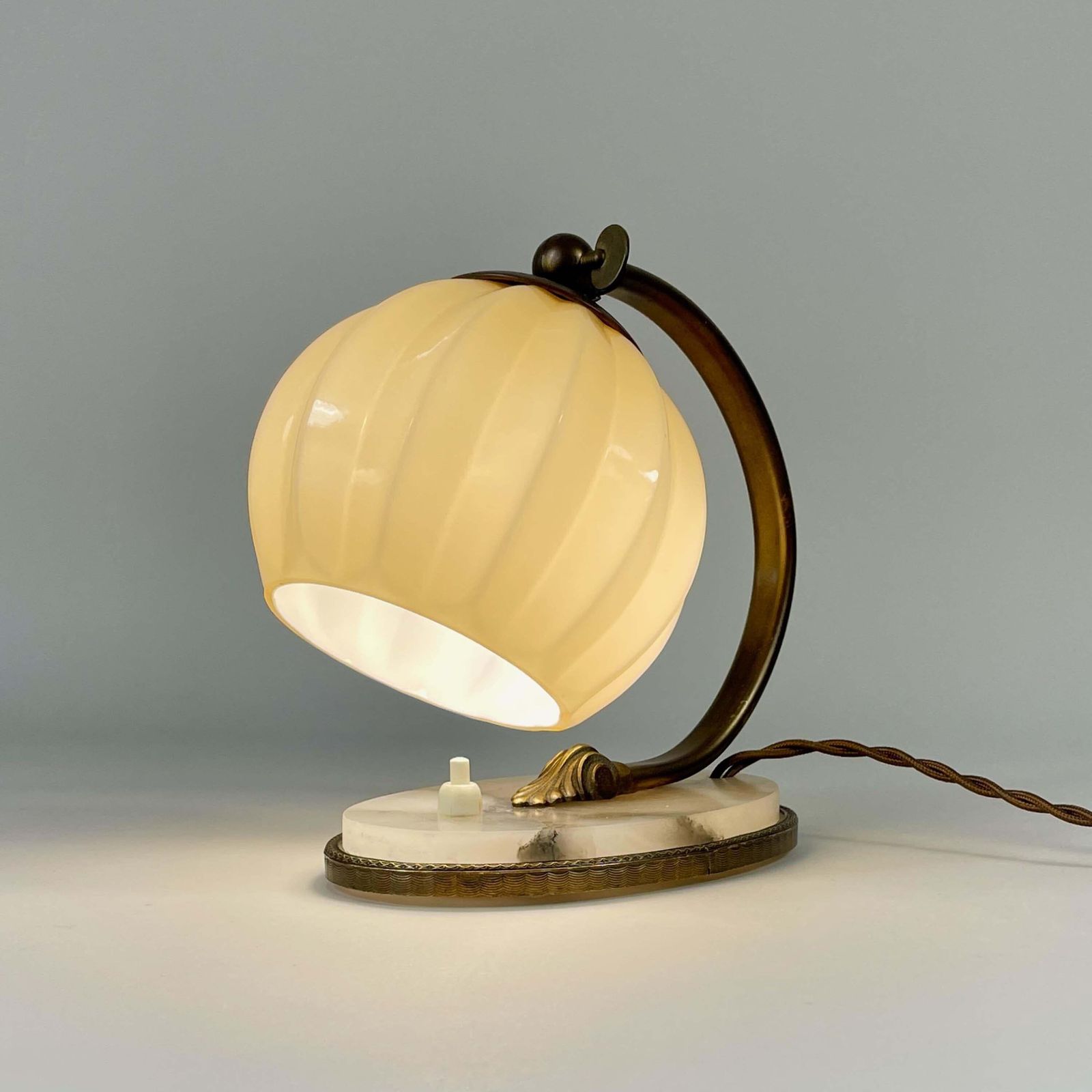 photo for sale Art Deco Table Lamp, Alabaster, Opaline Glass & Brass, Germany 1920s To 1930s