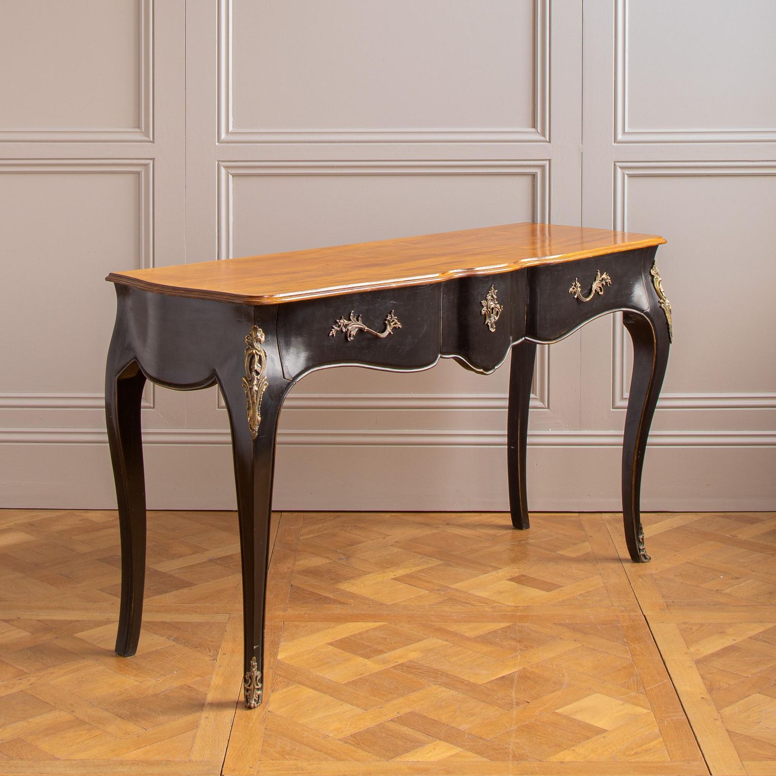 A French Louis XV Style Console With Black Lacquer & Walnut Finish By La Maison photo buy