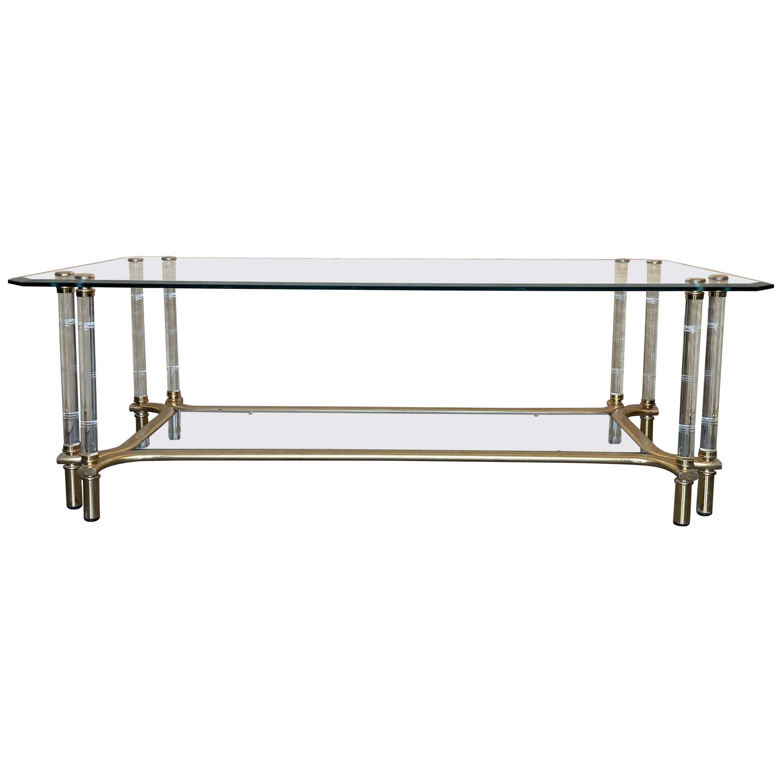 Glass & Lucite Rectangula Coffee Table With Gold Metal Frame And Two Tiers