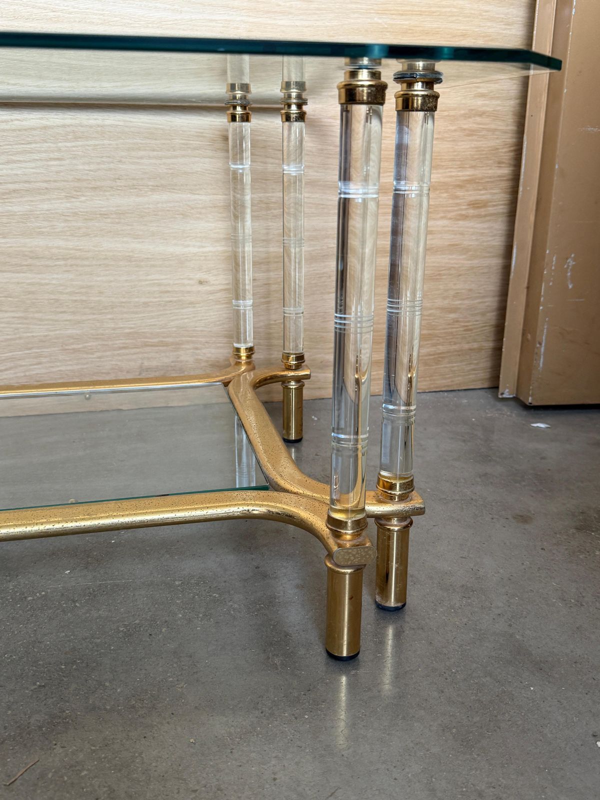 Glass & Lucite Rectangula Coffee Table With Gold Metal Frame And Two Tiers photo 1502.0