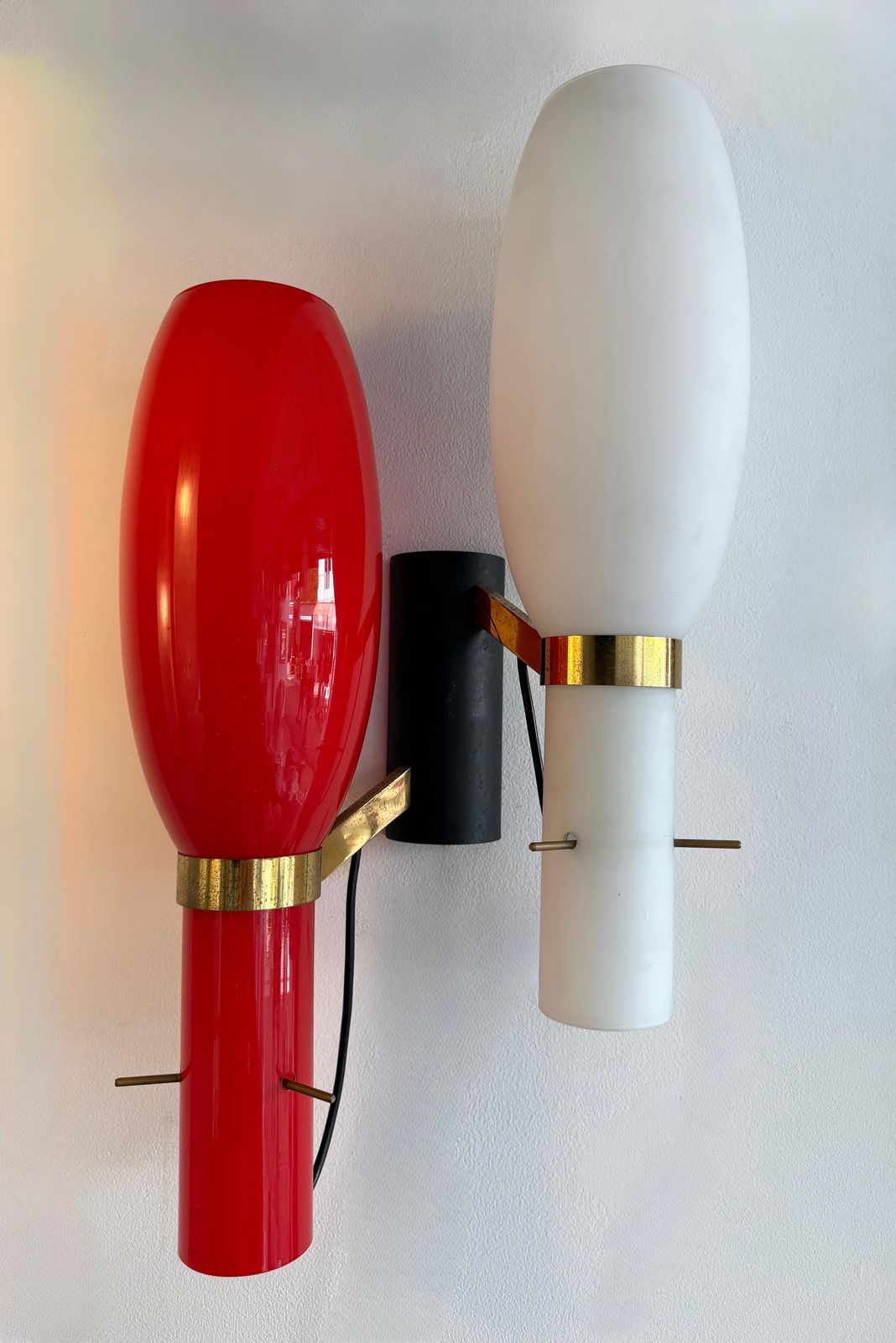 photo for sale Pair Of Sconces Brass And Glass By Stilnovo. Italy, 1950s
