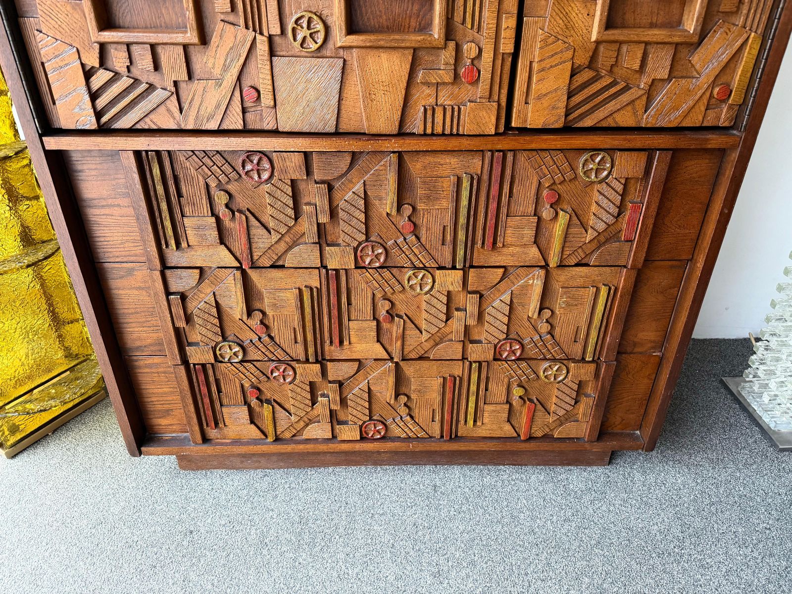 photo for sale Mid Century Modern Brutalist Wood Sculpture Cabinet By Lane. USA, 1970s