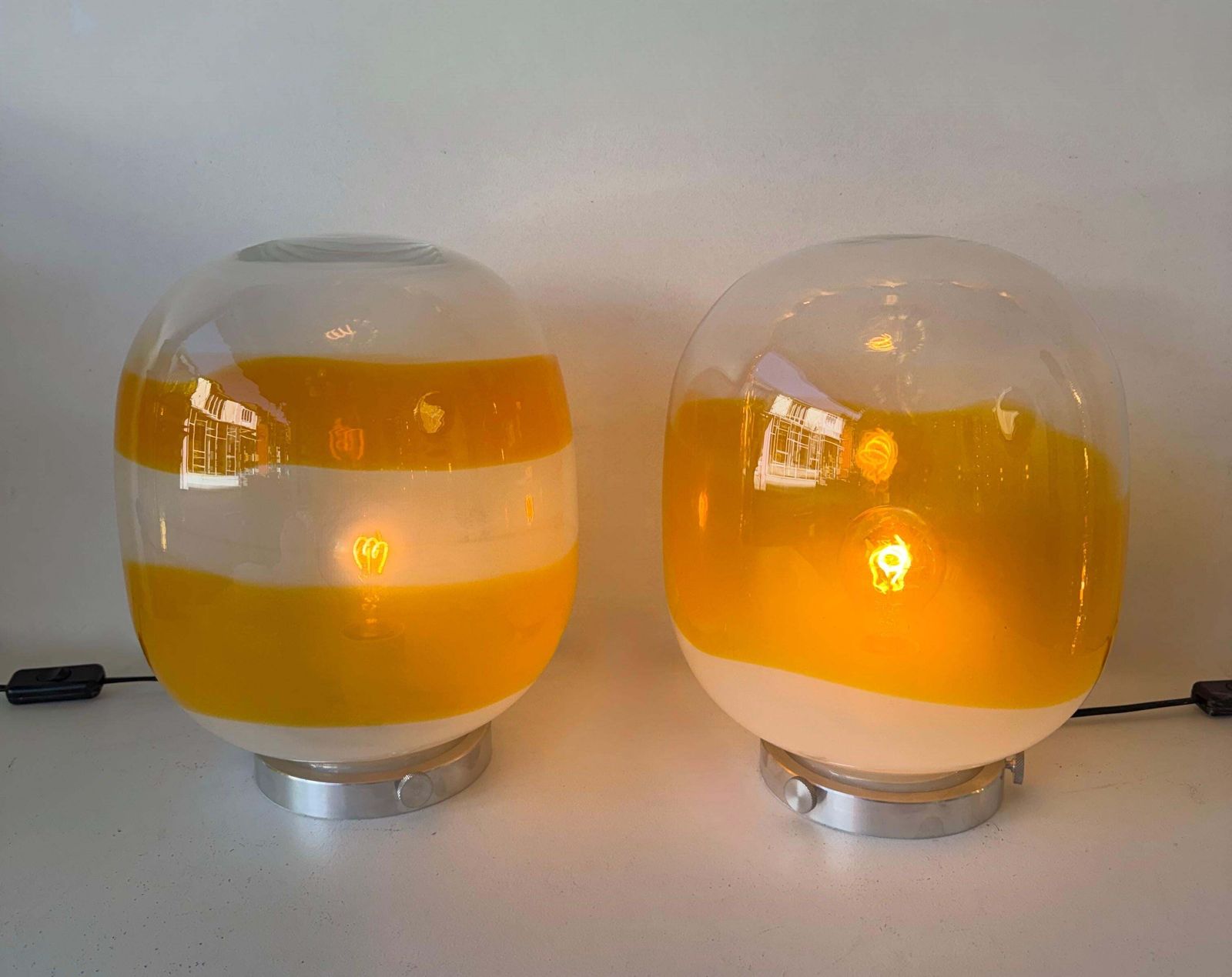 Pair Of Murano Glass Orange White Smoke Saturn Lamps. Italy, 1970s photo vinterior