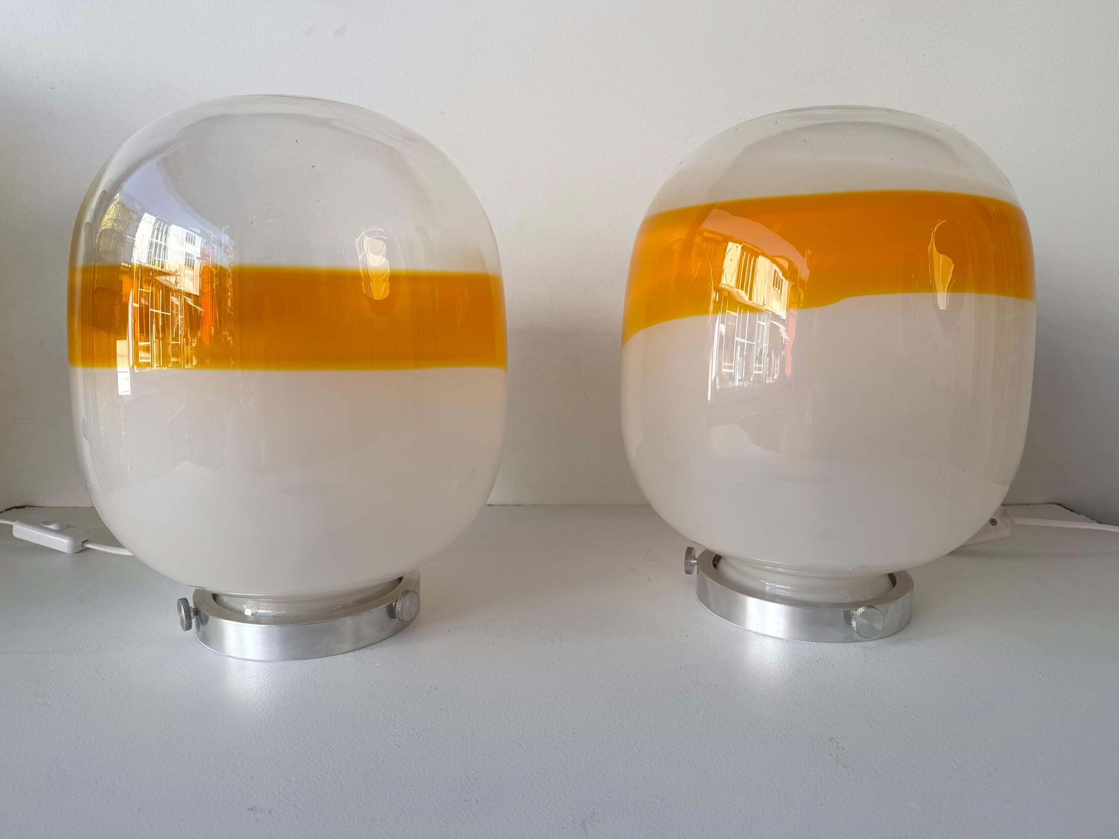 Pair Of Murano Glass Orange White Smoke Saturn Lamps. Italy, 1970s photo vintage