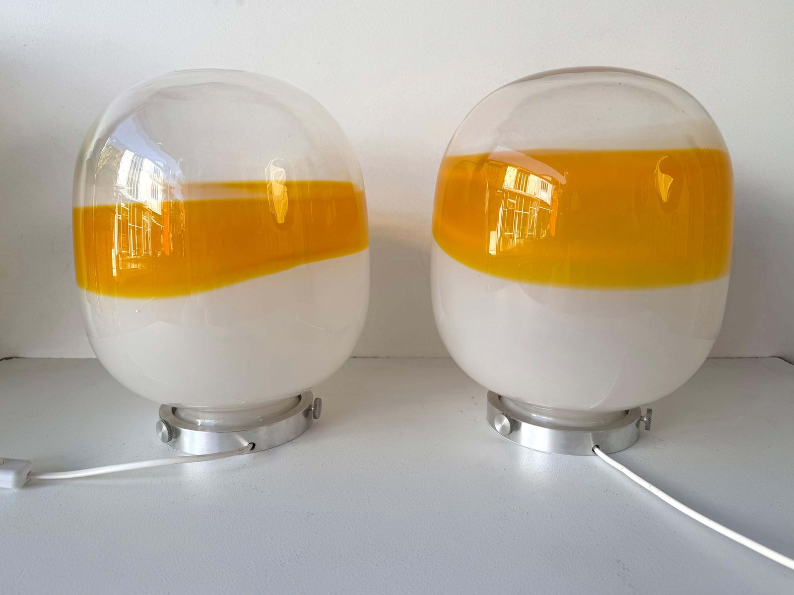 photo for sale Pair Of Murano Glass Orange White Smoke Saturn Lamps. Italy, 1970s