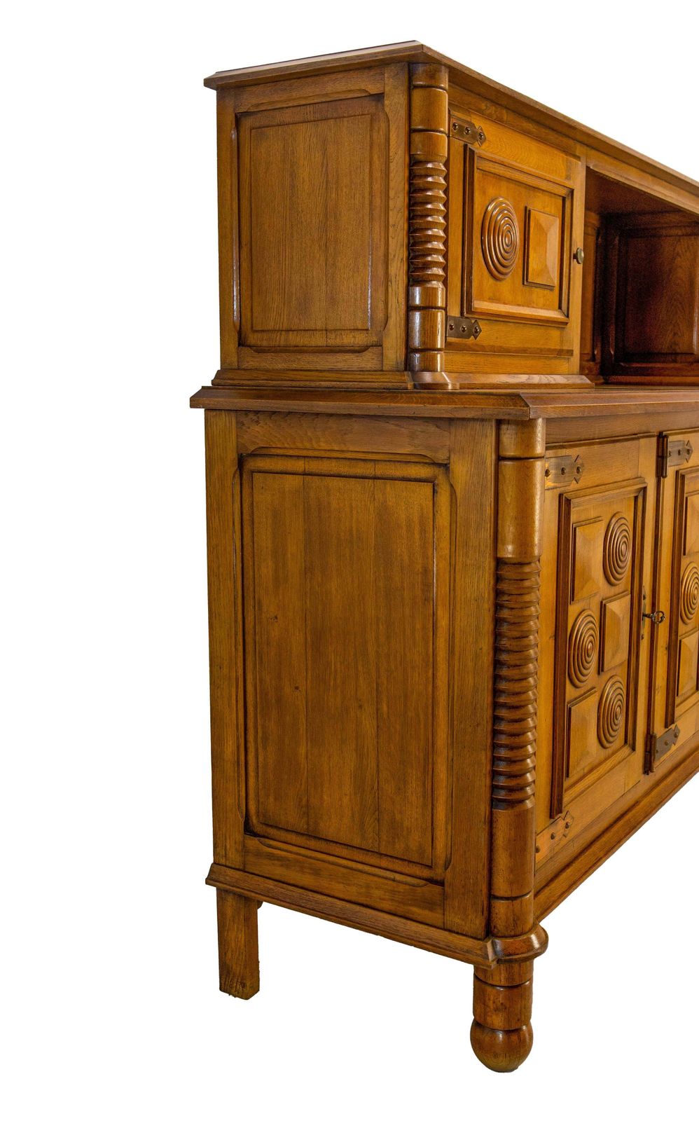 French Dudouyt Deux Corps Buffet Oak & Copper Cabinet, Mid 19th Century photo vinterior