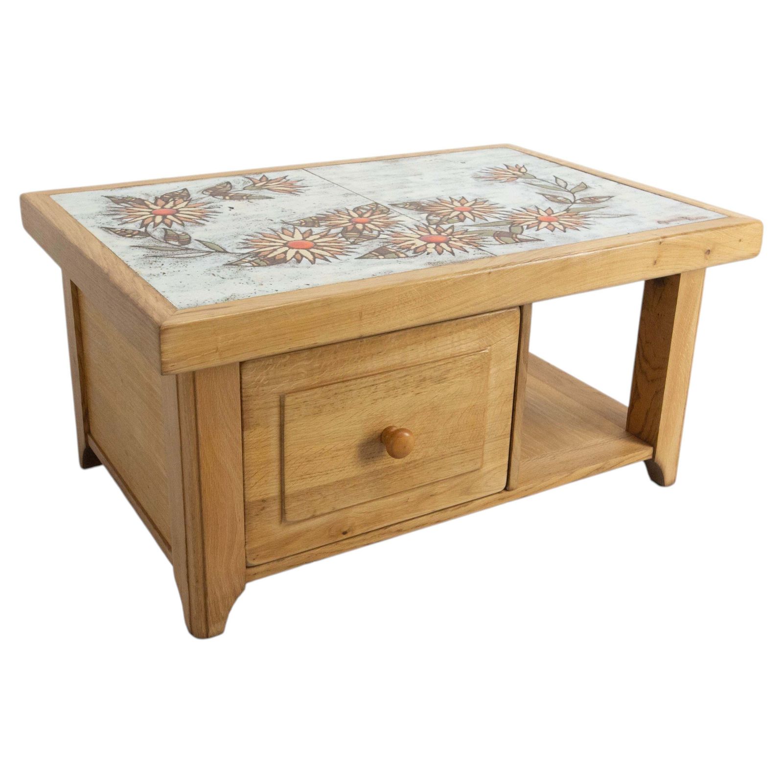 Franse eiken salontafel met keramische tegels, gesigneerd Monsan Picard, ca. 1970