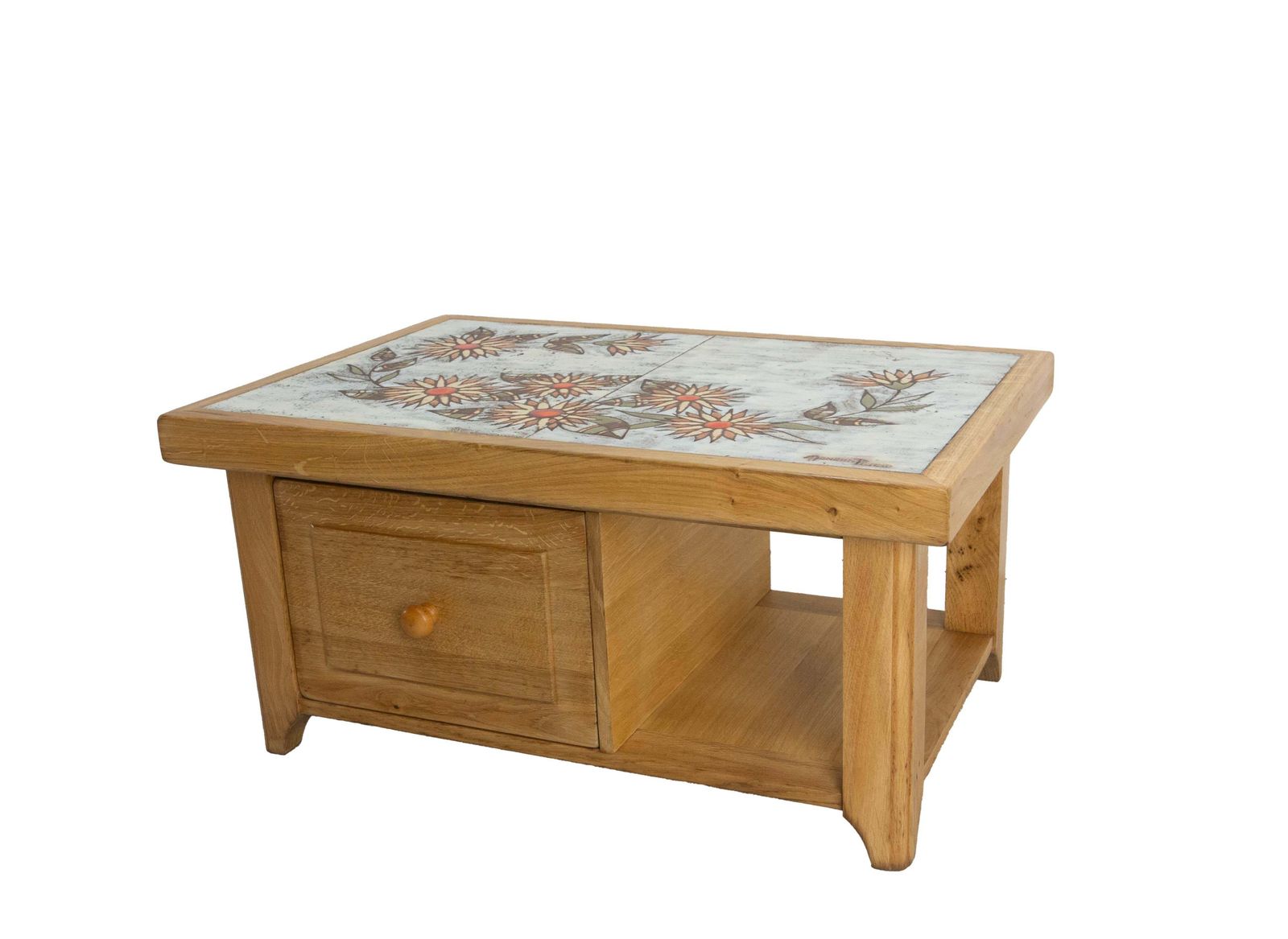Meubels Franse eiken salontafel met keramische tegels, gesigneerd Monsan Picard, ca. 1970 photo