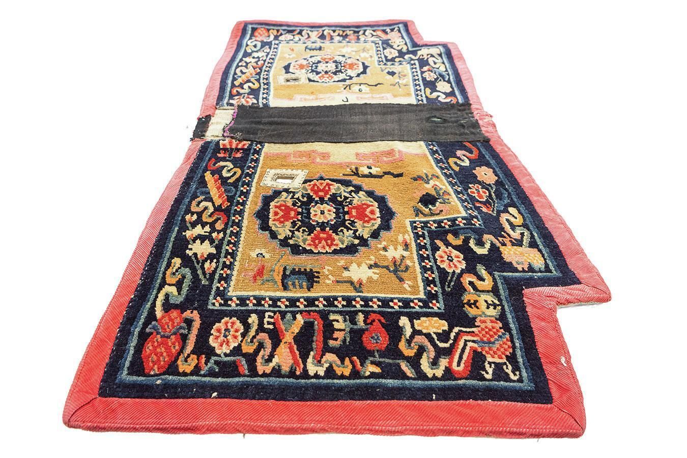Antique Tibetan Saddle Rug, Hand Knotted Wool, Floral photo furniture