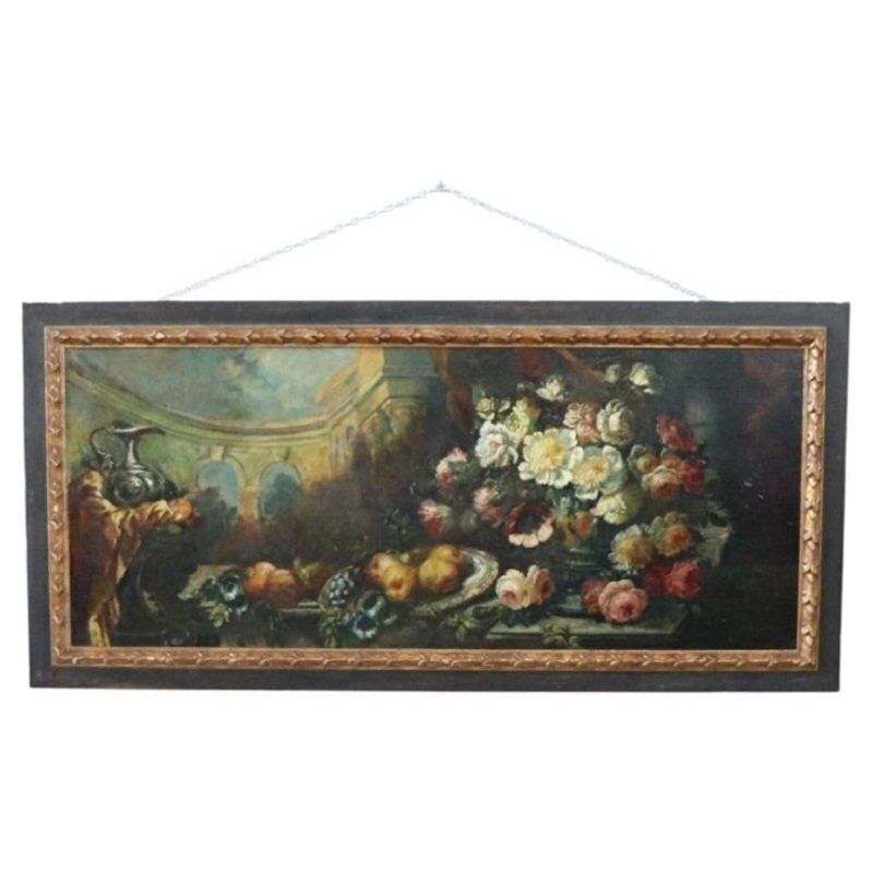 Still Life With Flowers And Fruits, 1800s, Large Oil On Canvas, Framed