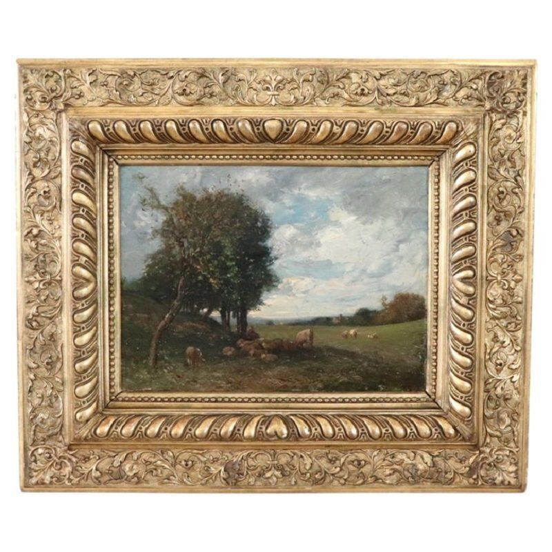 V. Bussolino, Landscape With Flock, Oil Painting On Board, 19th Century, Framed