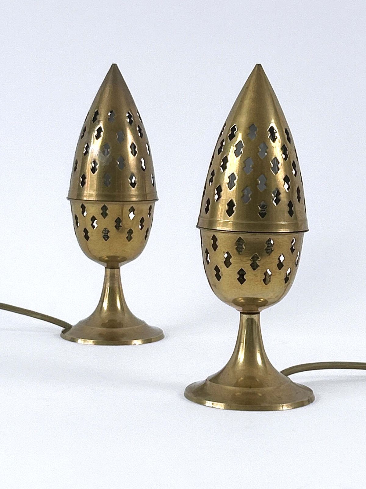 Set Of Two Rare & Lovely Perforated Brass Bedside Table Lamps Sweden 1960s photo for sale
