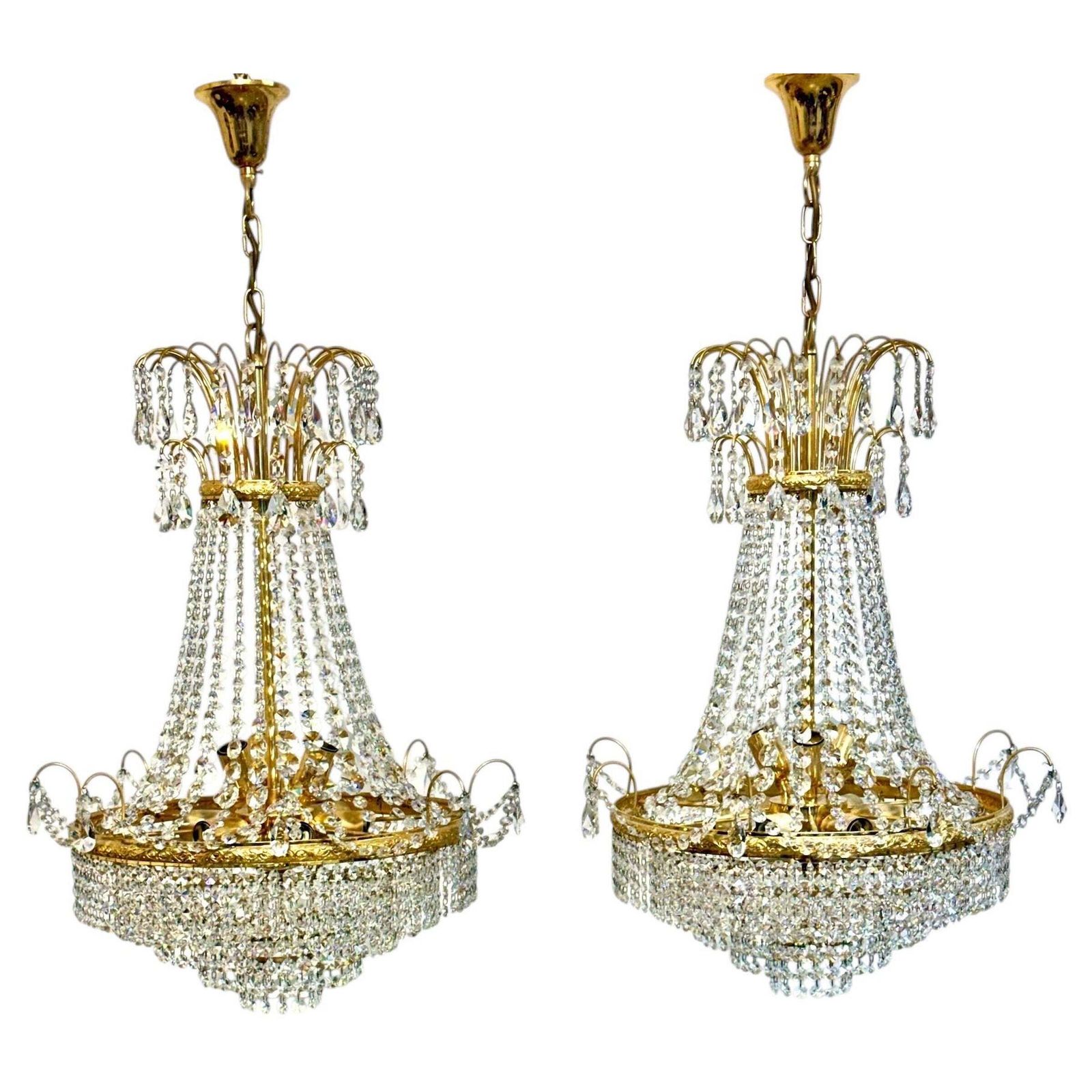 Pair Of Gilt Metal Chandeliers With Glass Drops, Mid 20th Century
