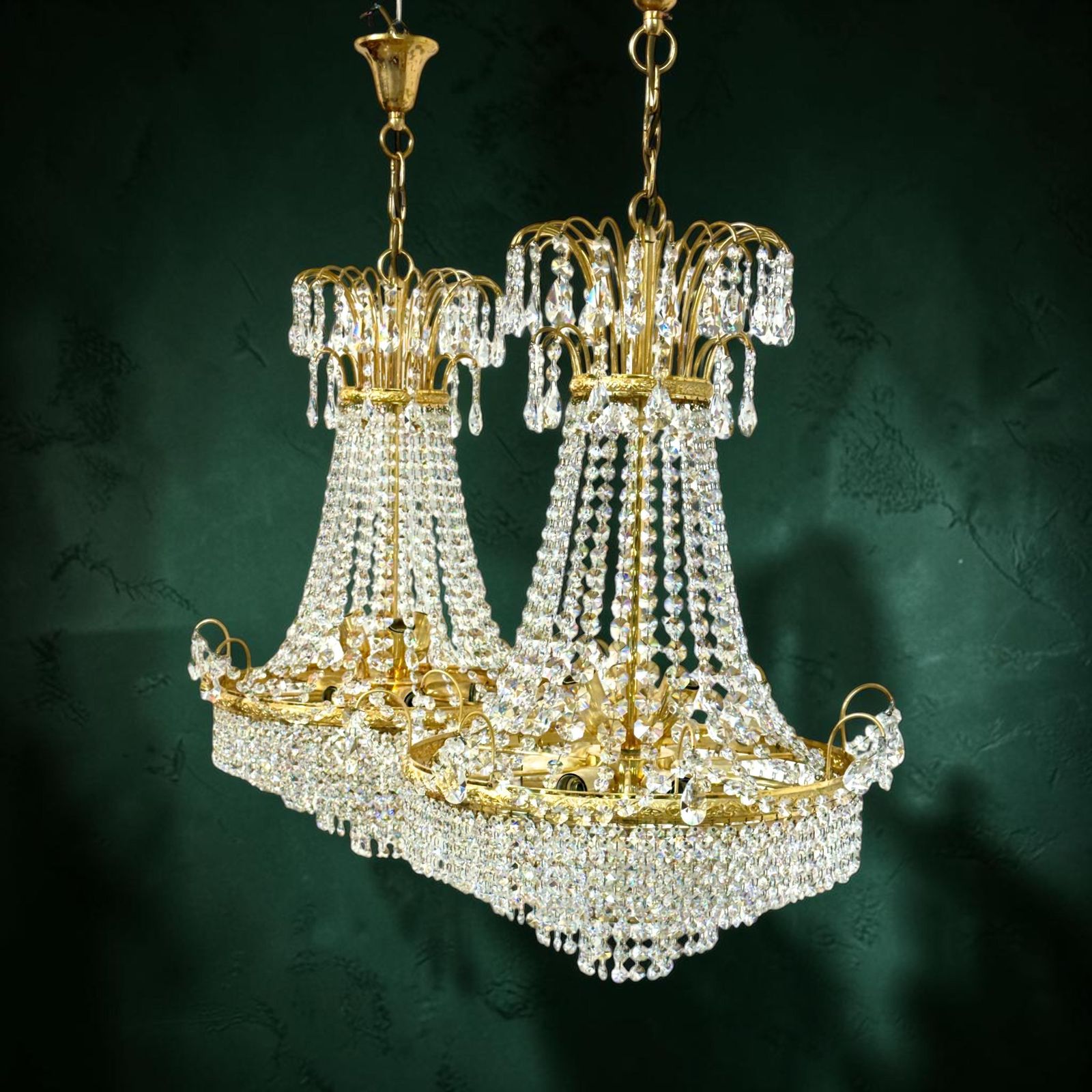 Pair Of Gilt Metal Chandeliers With Glass Drops, Mid 20th Century photo furniture