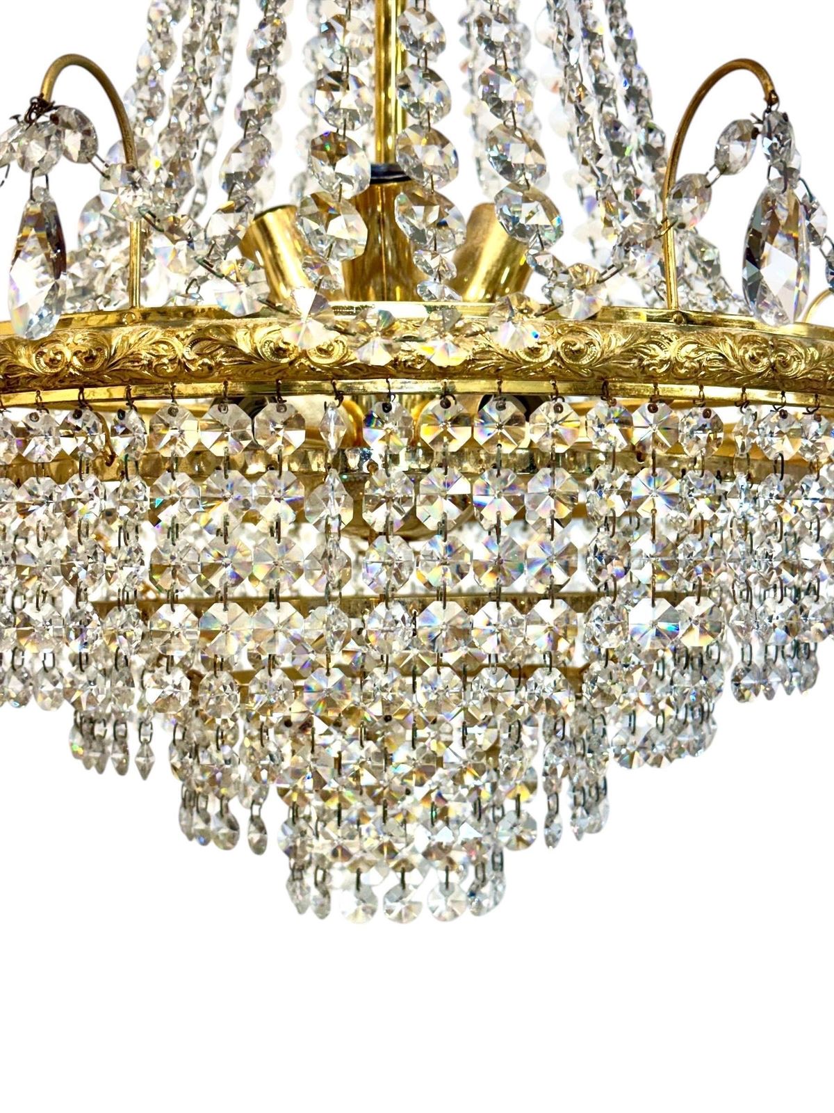 Pair Of Gilt Metal Chandeliers With Glass Drops, Mid 20th Century photo Lighting
