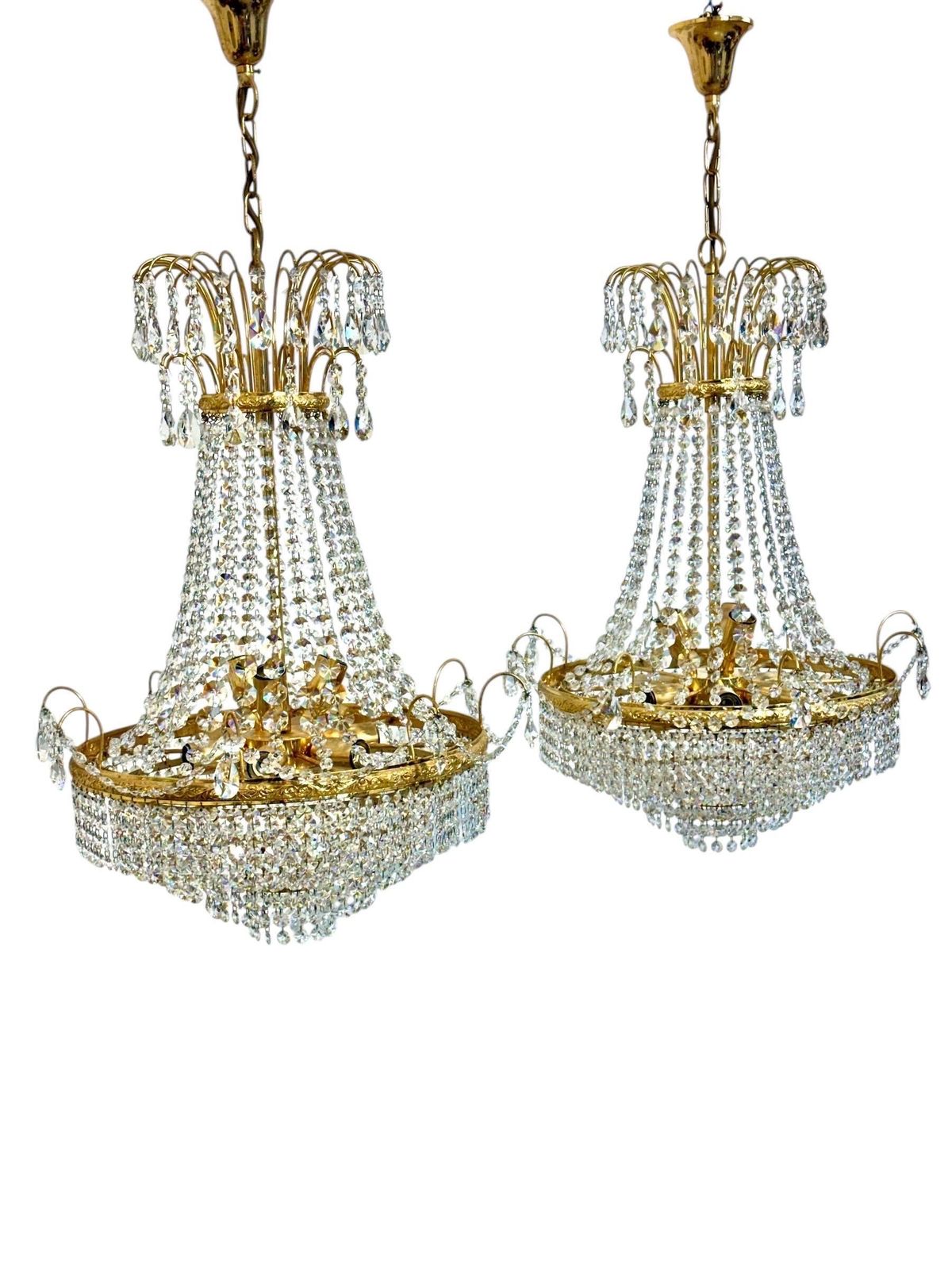 Pair Of Gilt Metal Chandeliers With Glass Drops, Mid 20th Century photo buy