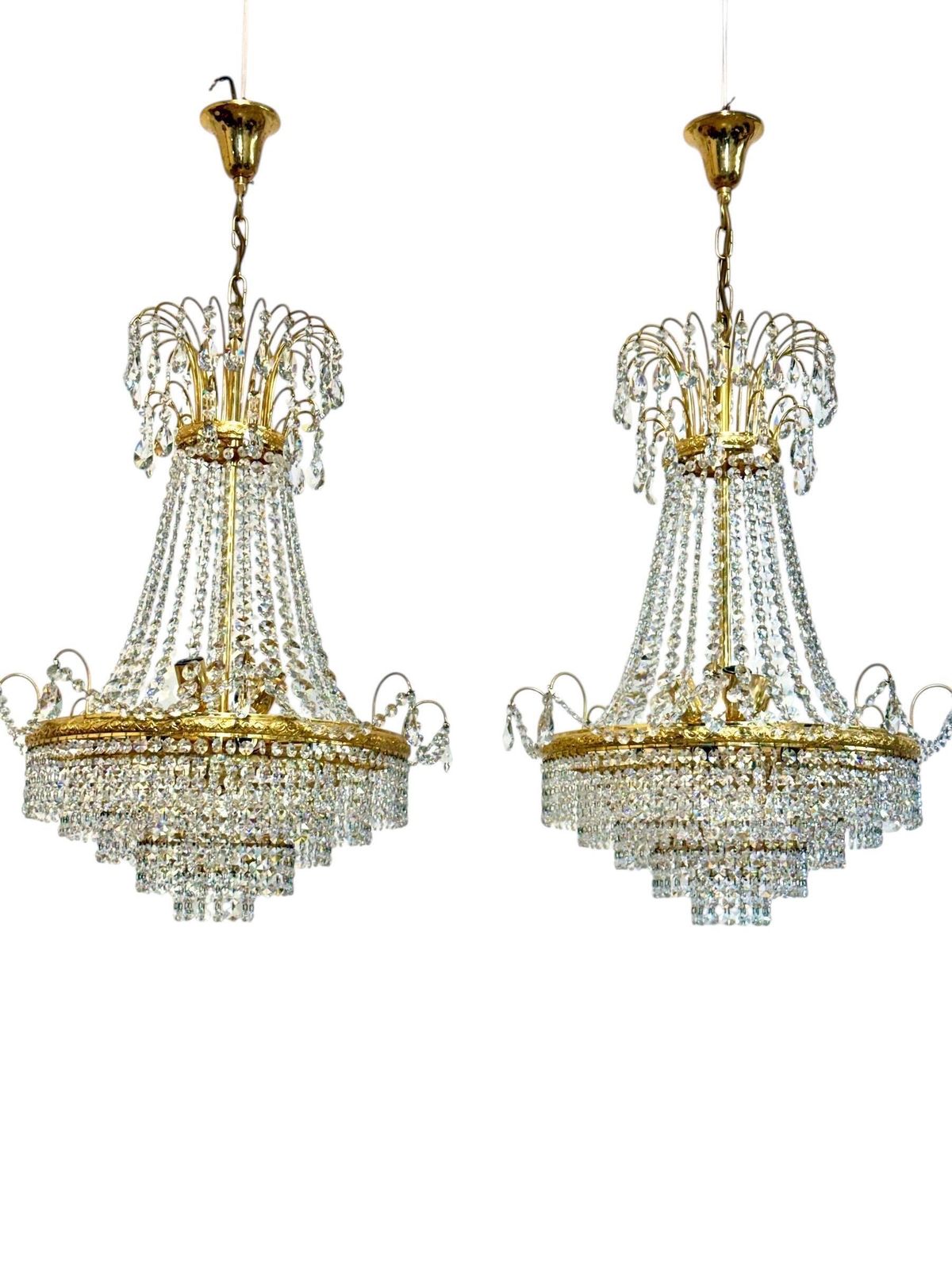 photo for sale Pair Of Gilt Metal Chandeliers With Glass Drops, Mid 20th Century