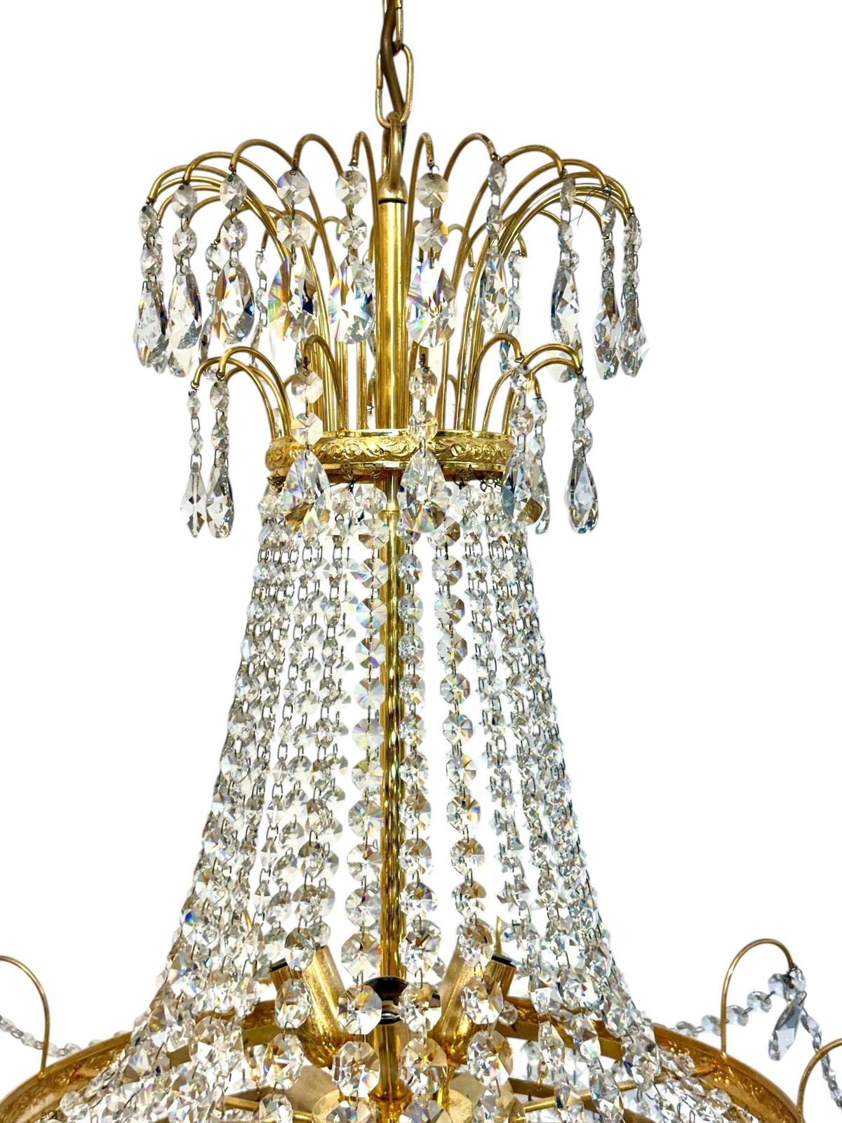 Lighting Pair Of Gilt Metal Chandeliers With Glass Drops, Mid 20th Century photo