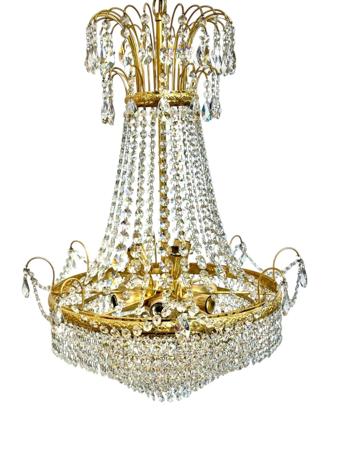 photo vinterior Pair Of Gilt Metal Chandeliers With Glass Drops, Mid 20th Century
