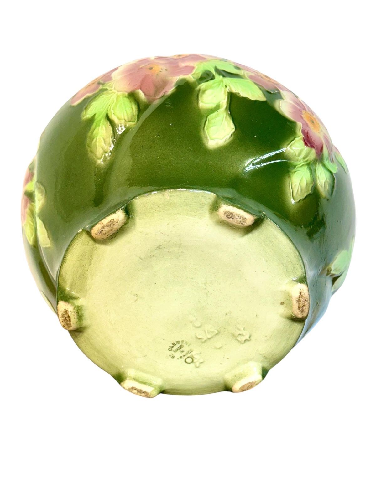 Antique Saint Clément Majolica Jardinière With Pink And Green Floral Motif photo buy