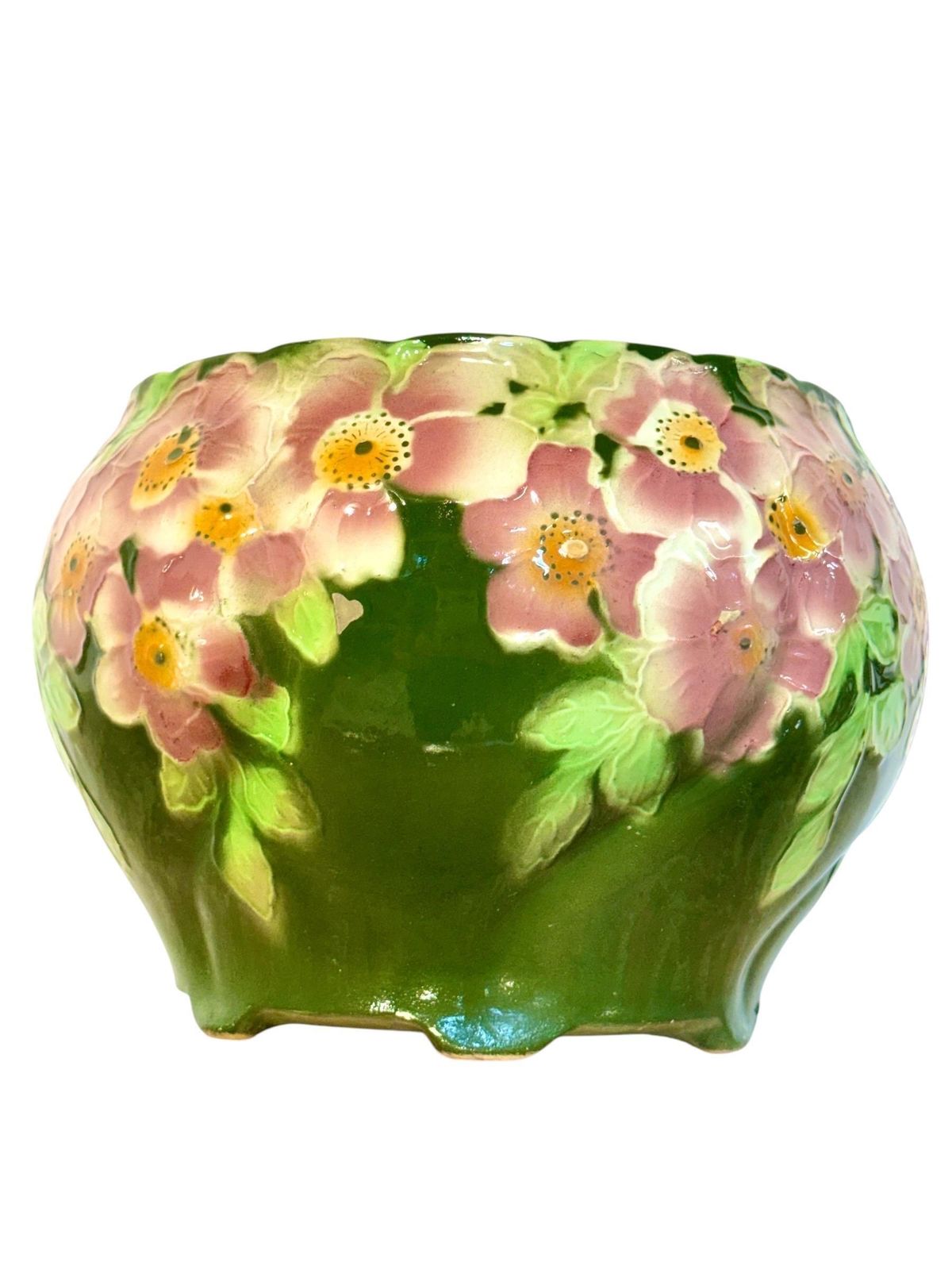 Antique Saint Clément Majolica Jardinière With Pink And Green Floral Motif photo vintage