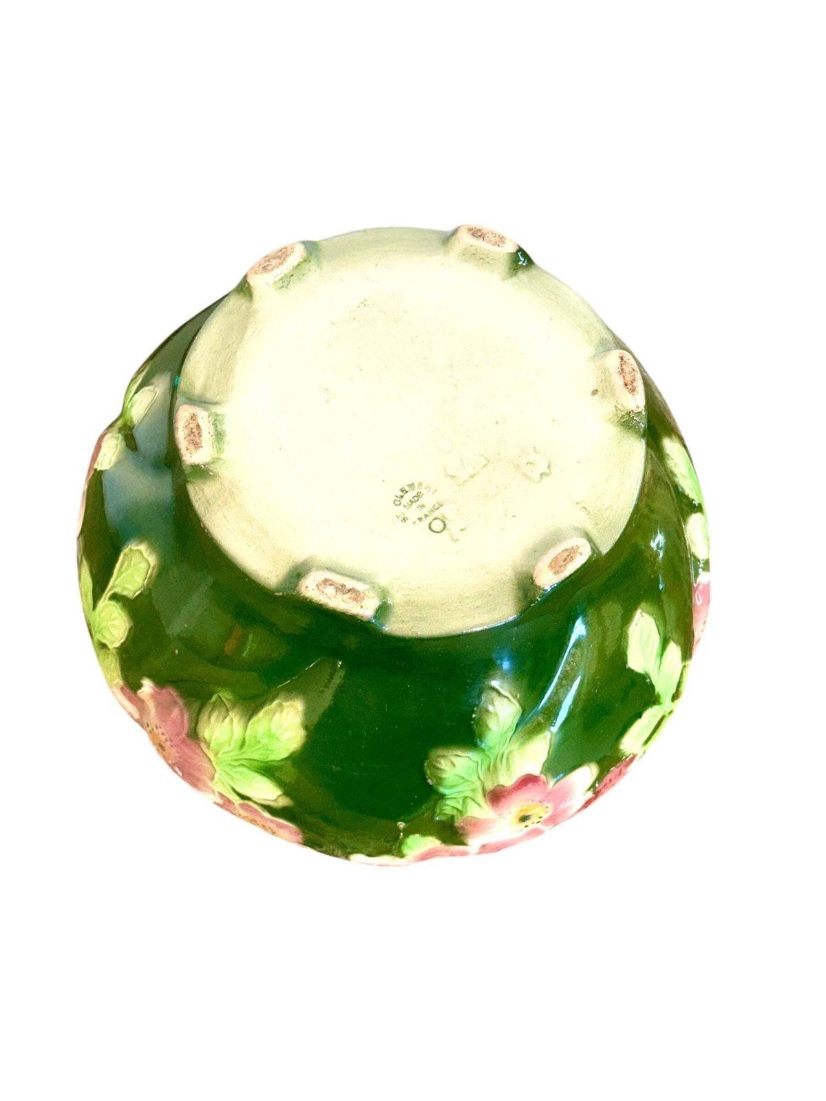 photo for sale Antique Saint Clément Majolica Jardinière With Pink And Green Floral Motif