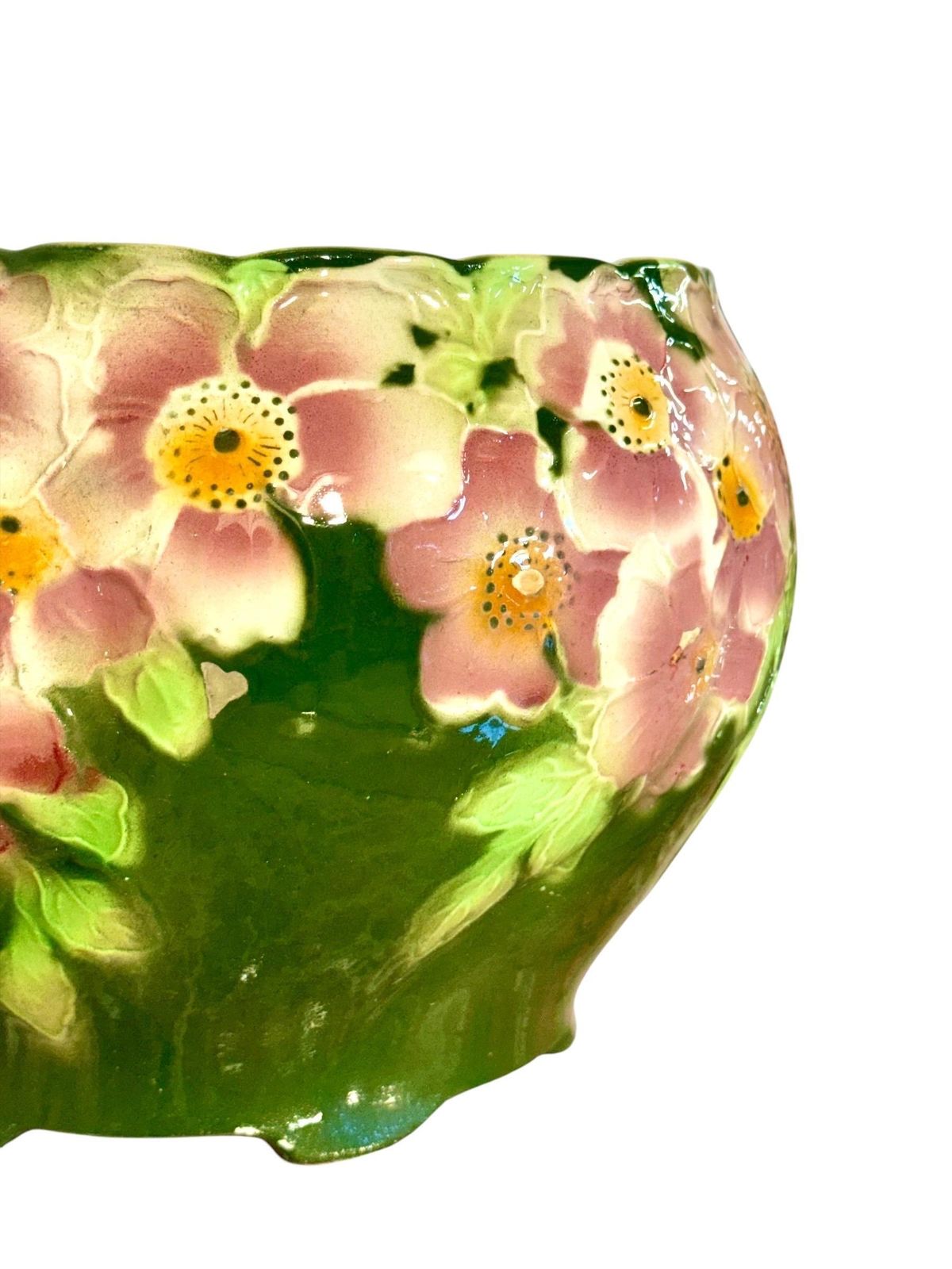 Home Decor Antique Saint Clément Majolica Jardinière With Pink And Green Floral Motif photo