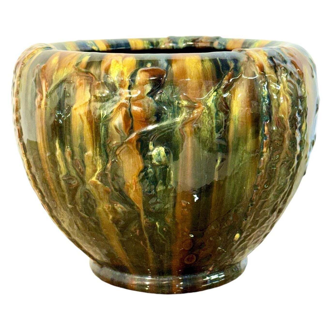 French Art Nouveau Drip Glaze Jardinière In Earth Tones