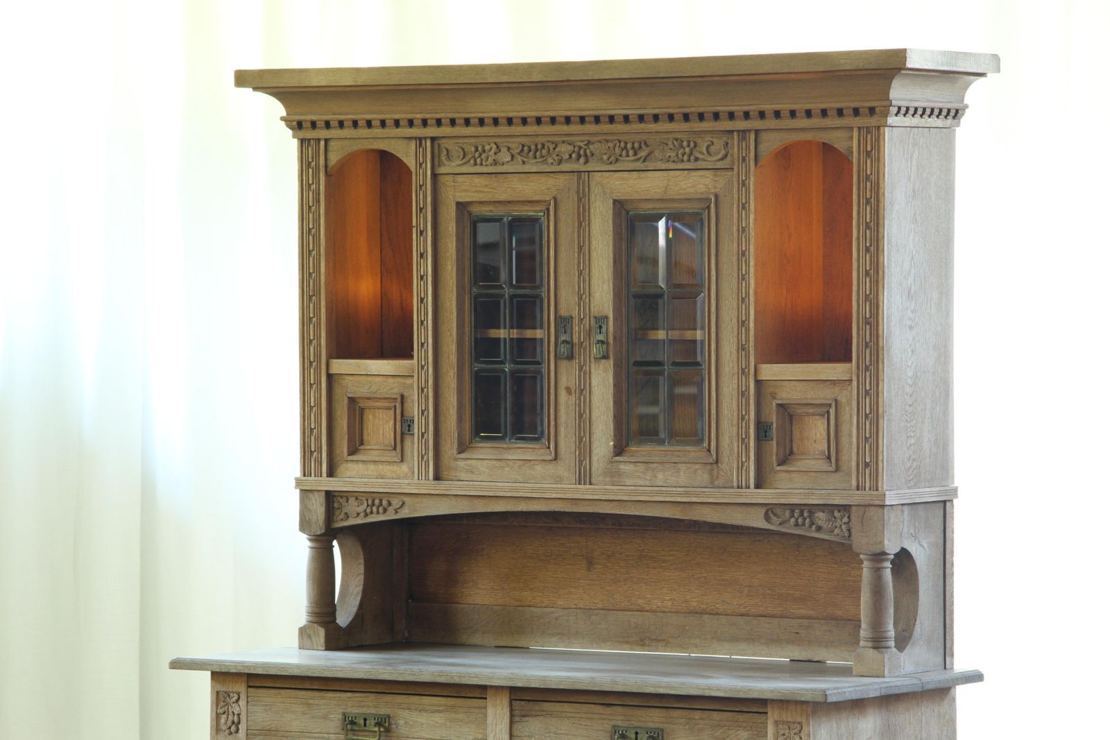 Vintage Danish Oak Buffet Cabinet With Crystal Glass Doors, Farmhouse, 1850s photo buy