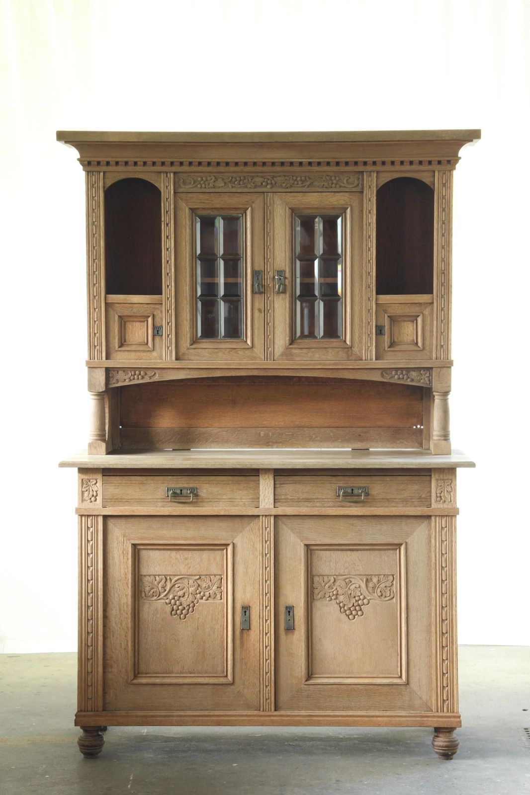 Vintage Danish Oak Buffet Cabinet With Crystal Glass Doors, Farmhouse, 1850s photo vintage