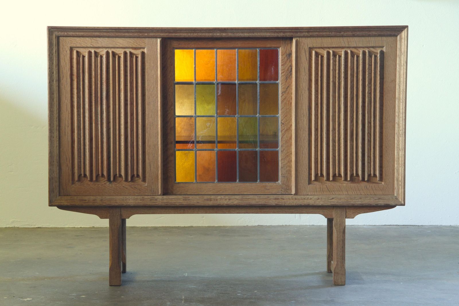 photo for sale Vintage Oak Cabinet, Stained Glass Display Denmark 1960s Henning Kjærnulf