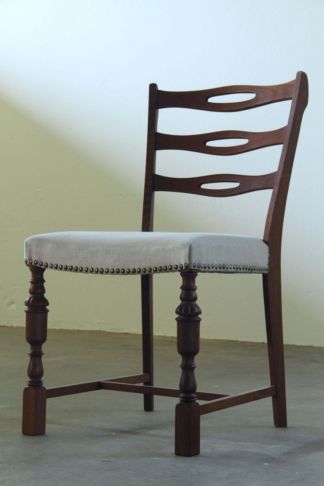 photo for sale Set Of Six Brutalist Dark Oak Chairs In Light Upholstery, Denmark 1960s