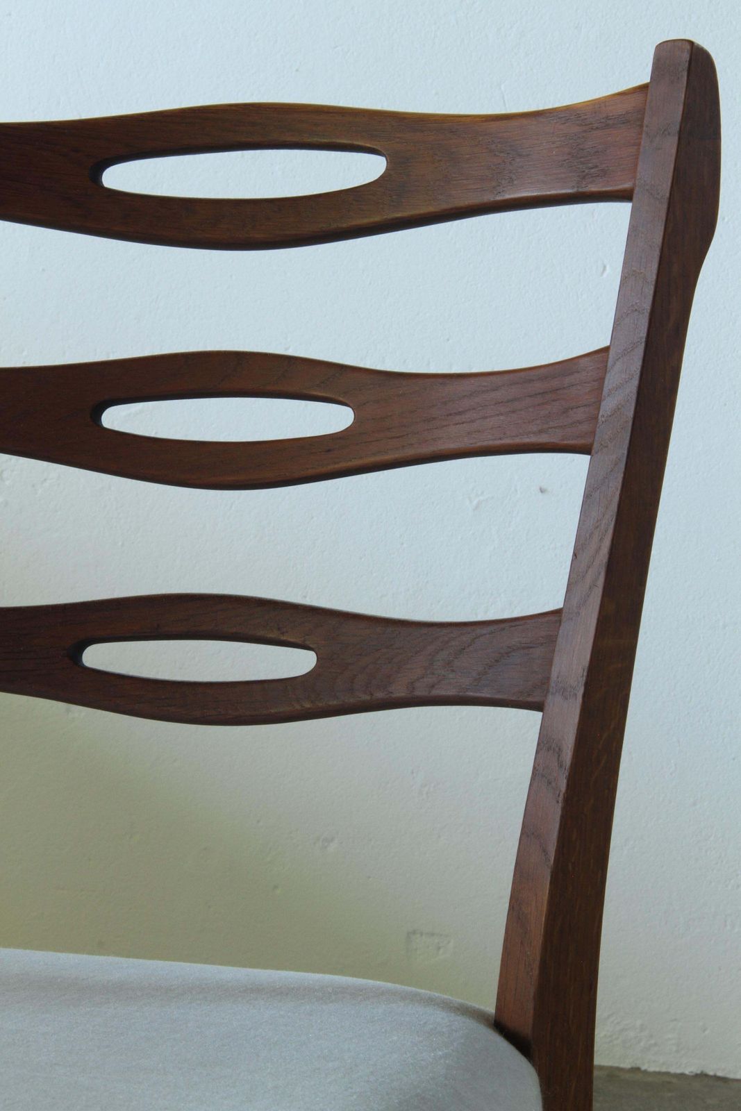 Furniture Set Of Six Brutalist Dark Oak Chairs In Light Upholstery, Denmark 1960s photo