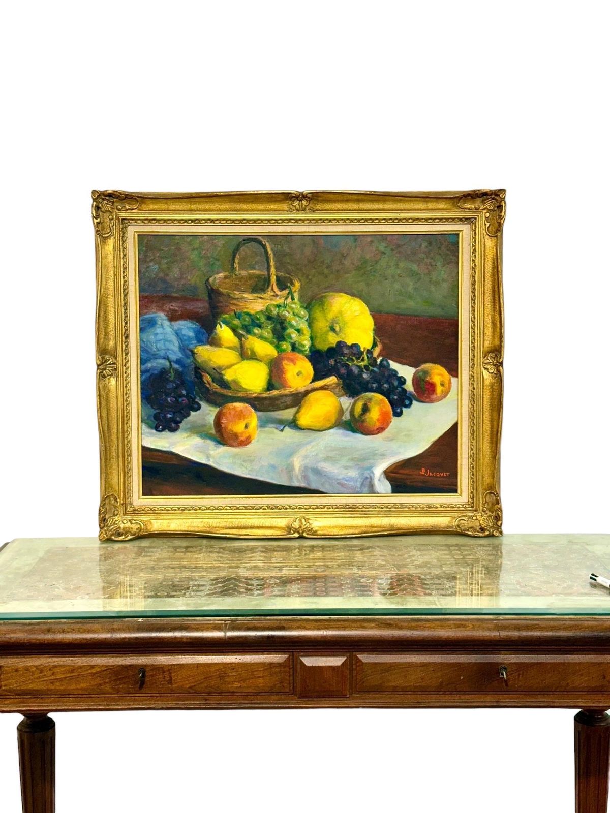 photo vintage Still Life With Fruit, Oil On Canvas, Signed B. Jacquet, 20th Century