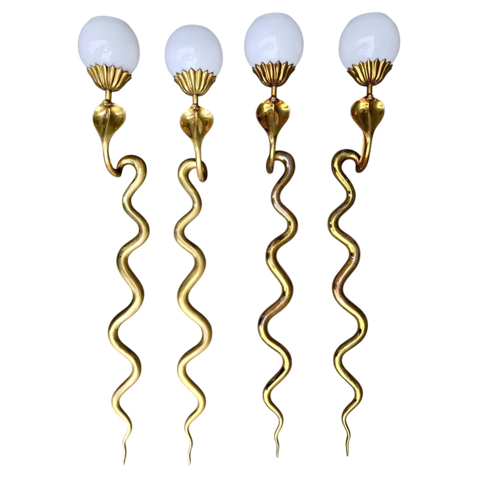 Pair Of Brass Cobra Snake Wall Lights With Opaline Glass Shades, 1970s