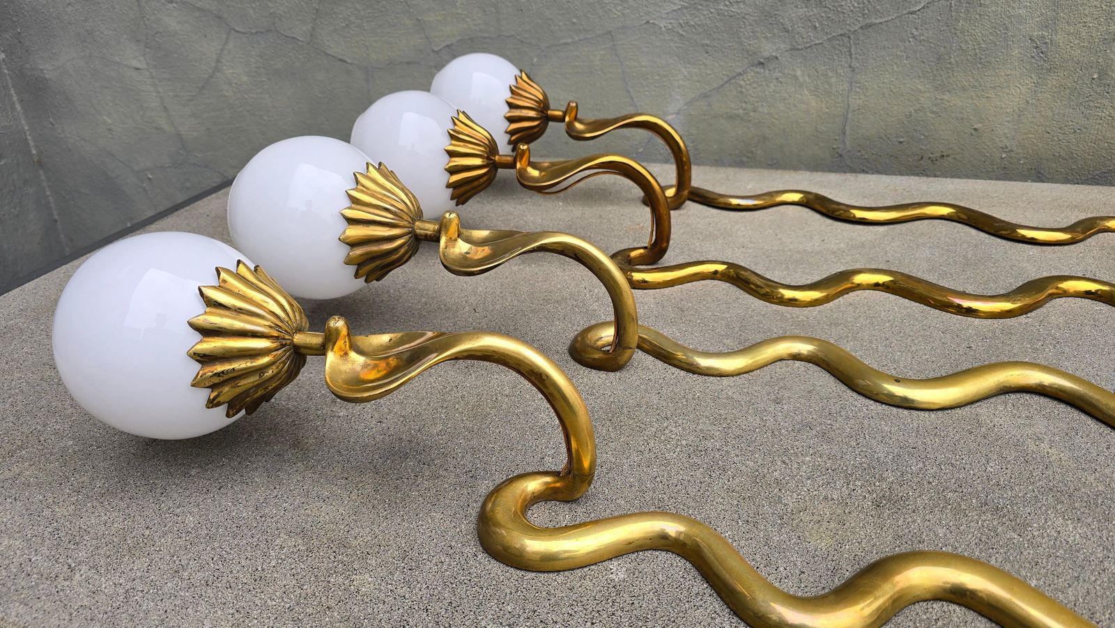 Pair Of Brass Cobra Snake Wall Lights With Opaline Glass Shades, 1970s photo for sale