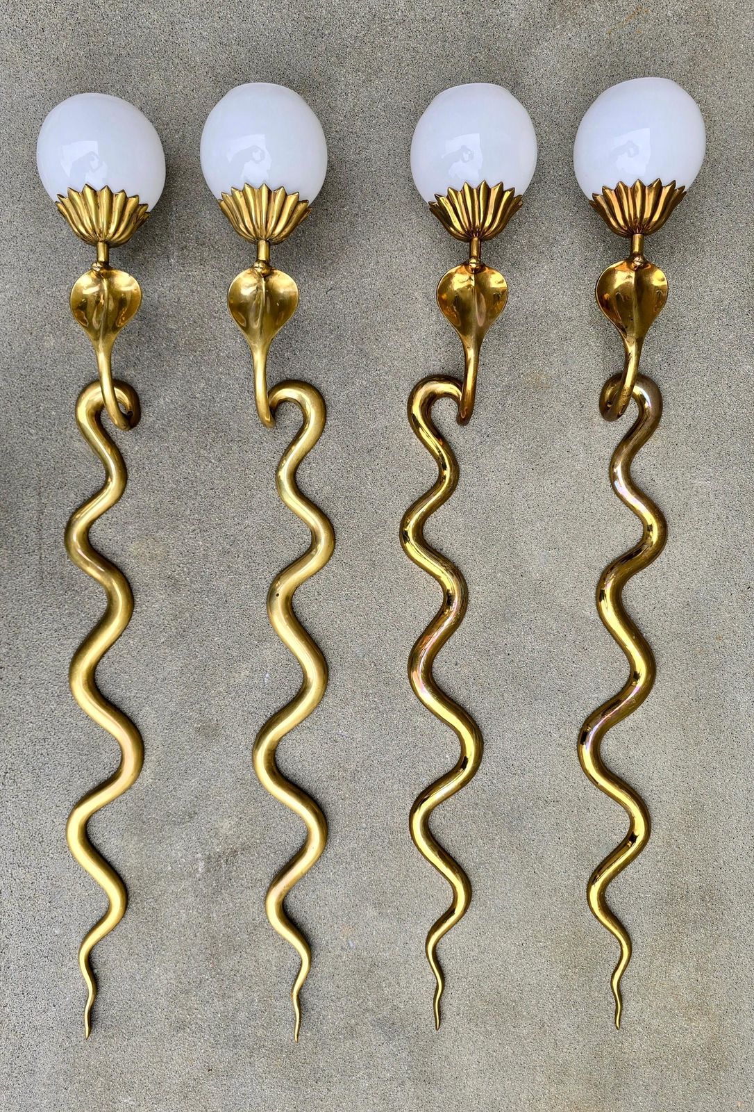 Pair Of Brass Cobra Snake Wall Lights With Opaline Glass Shades, 1970s photo 6846.0