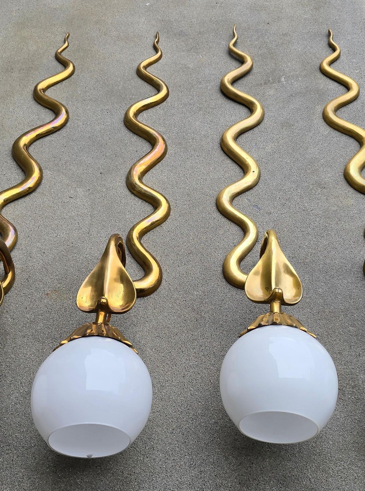 photo for sale Pair Of Brass Cobra Snake Wall Lights With Opaline Glass Shades, 1970s