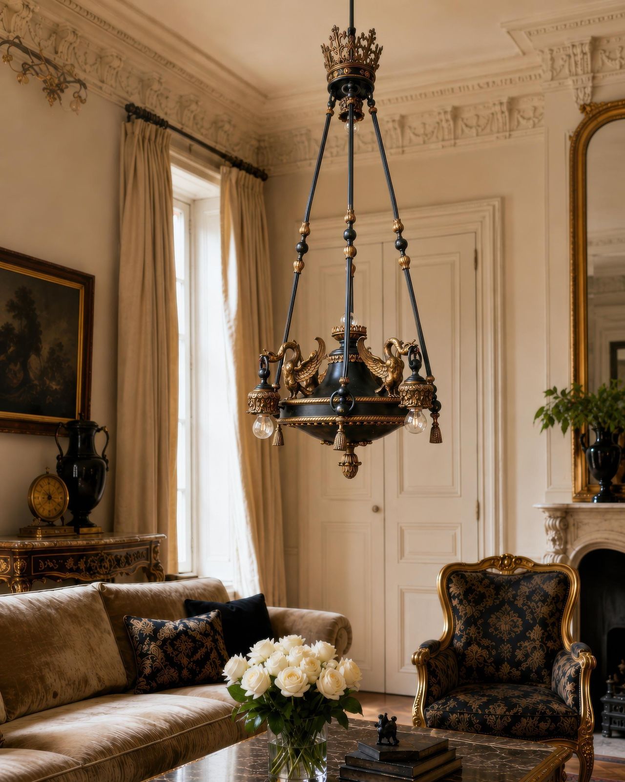 Lighting 19th Century French Napoleon III Empire Revival Swan Chandelier photo