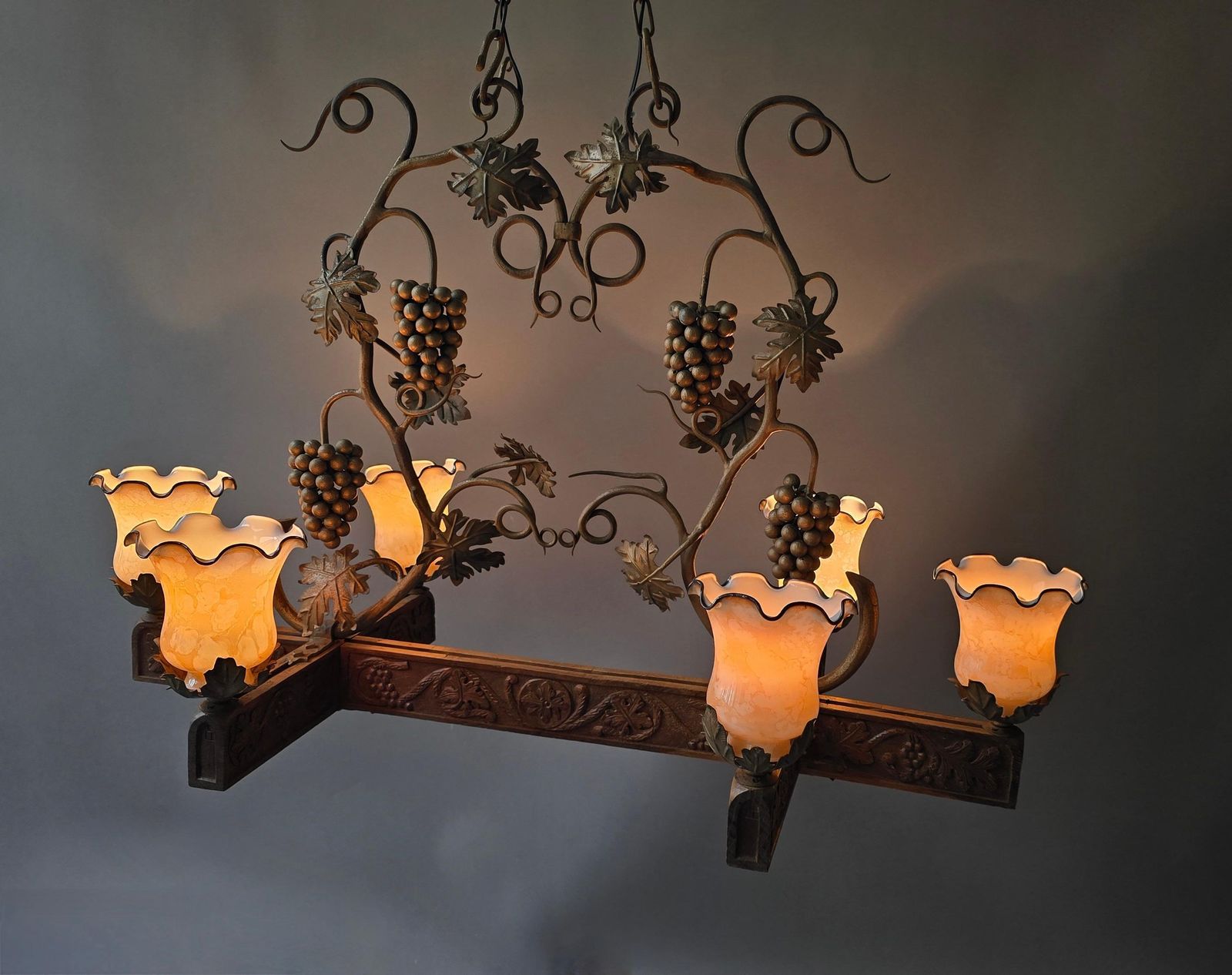Early 20th Century Art Nouveau Grapevine Chandelier In Carved Wood, Metal, Glass photo furniture