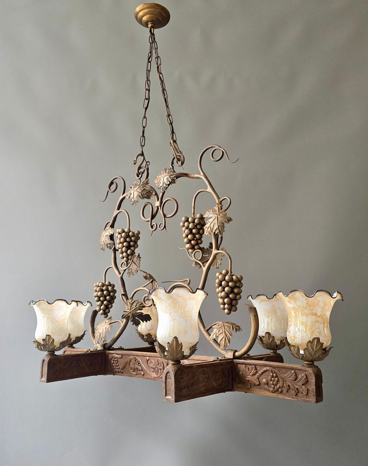 Early 20th Century Art Nouveau Grapevine Chandelier In Carved Wood, Metal, Glass photo buy