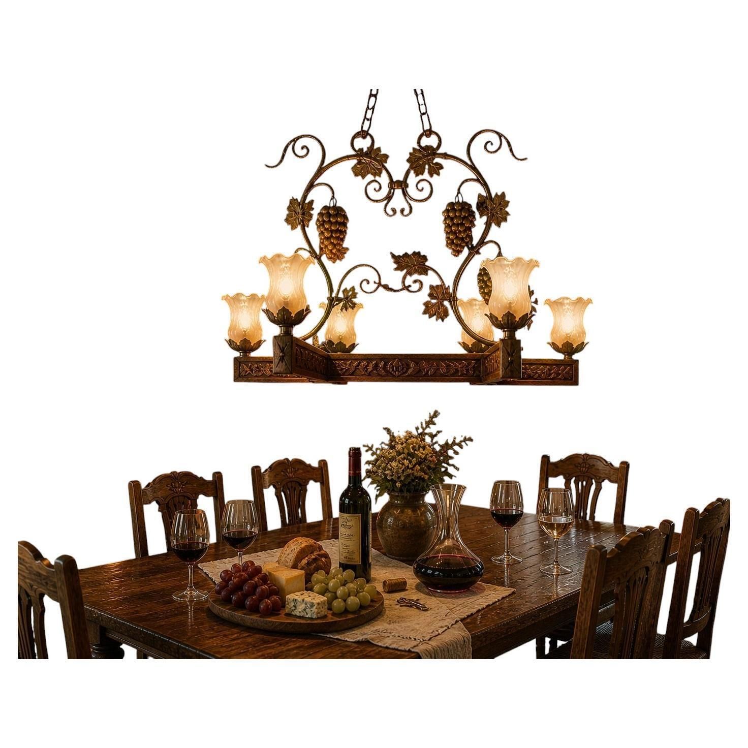 4150.0 Early 20th Century Art Nouveau Grapevine Chandelier In Carved Wood, Metal, Glass photo