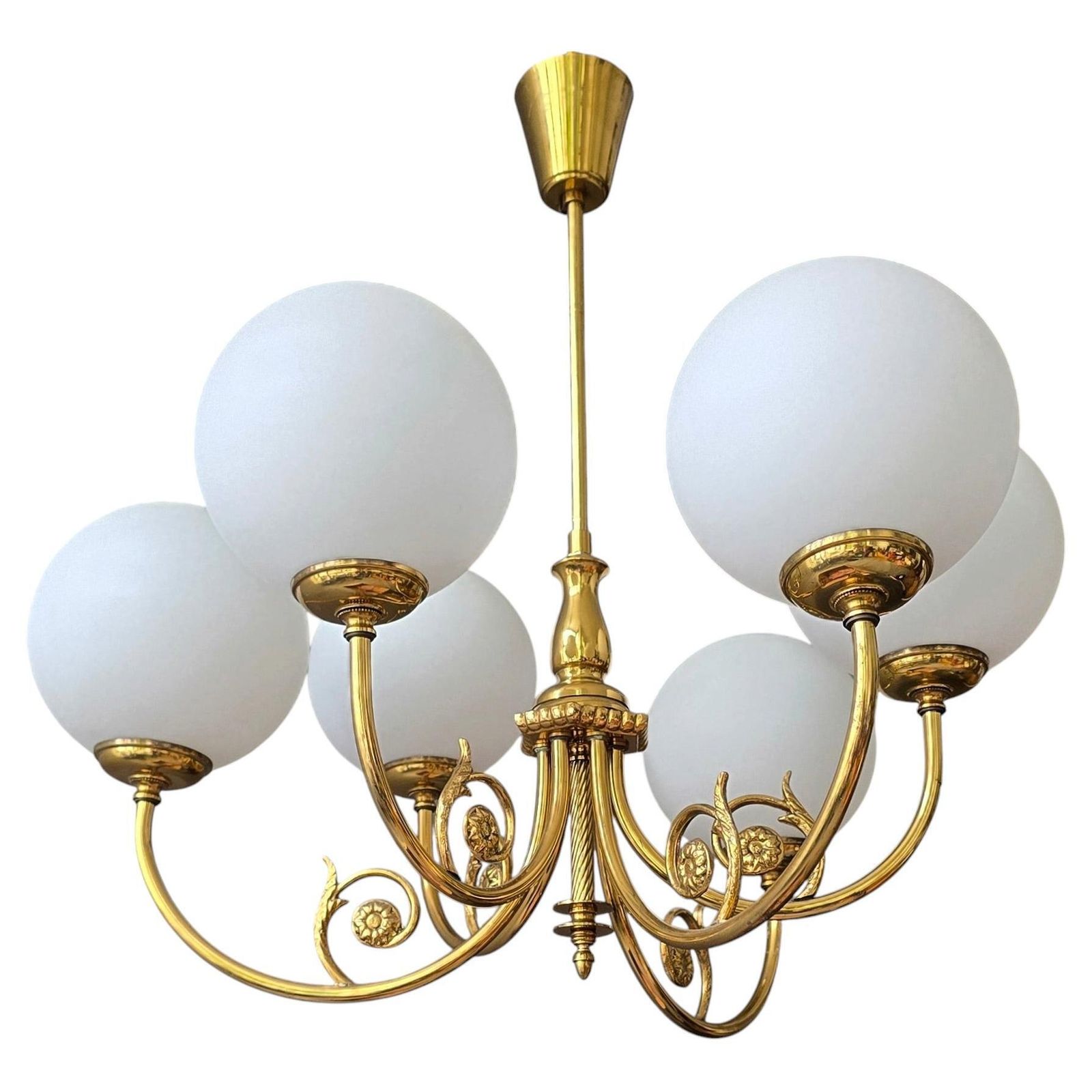 Mid Century Brass Chandelier With Six Opaline Glass Globes