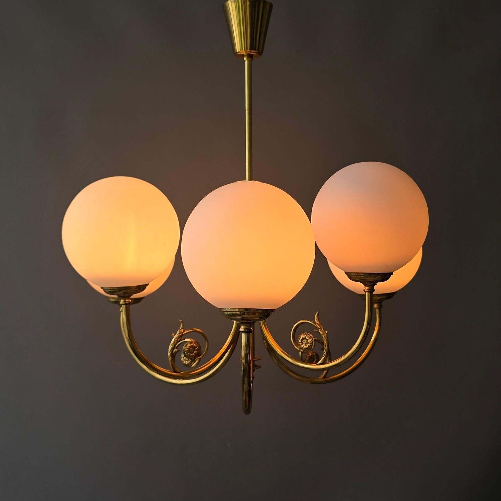 Mid Century Brass Chandelier With Six Opaline Glass Globes photo 2907.0