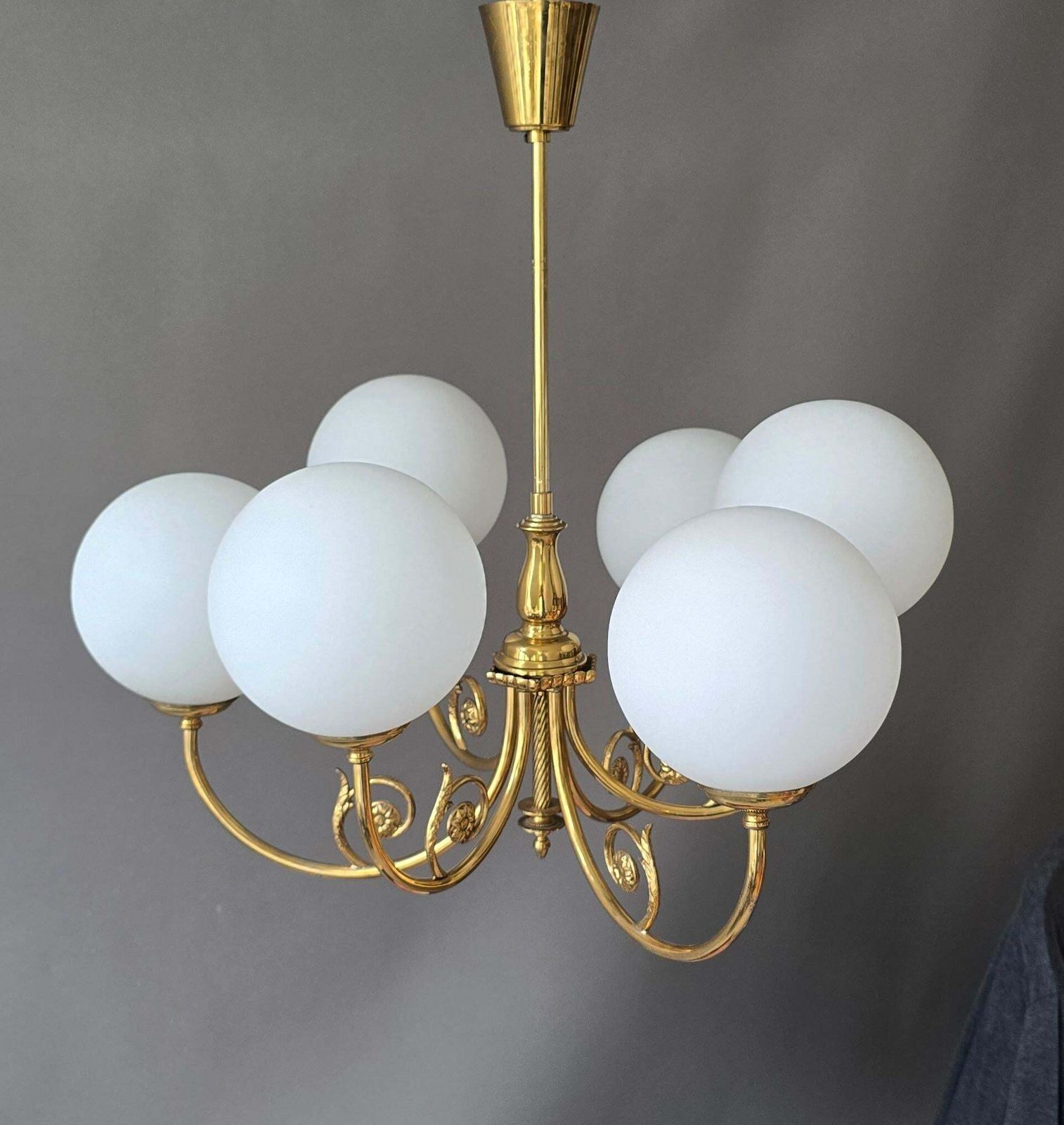 photo furniture Mid Century Brass Chandelier With Six Opaline Glass Globes
