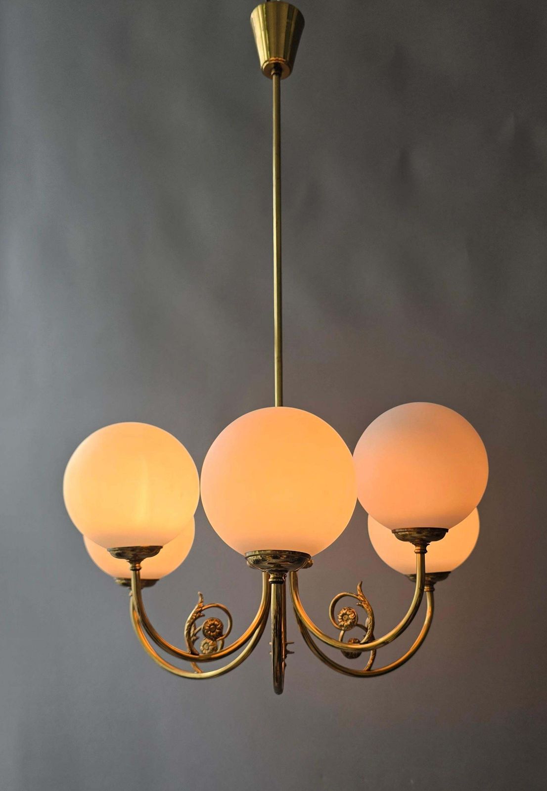 Lighting Mid Century Brass Chandelier With Six Opaline Glass Globes photo