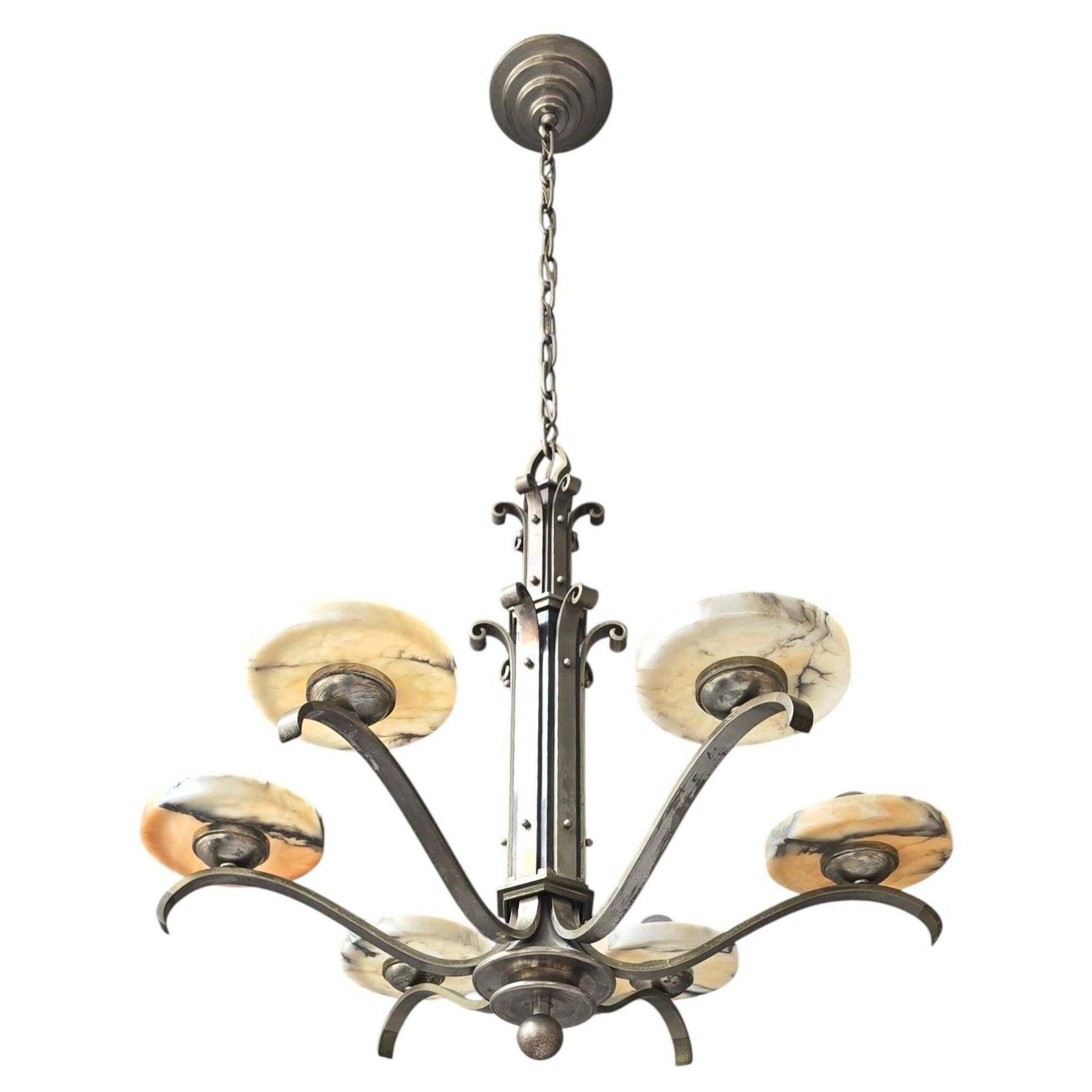 Art Deco Alabaster Chandelier, French 6 Light Iron Fixture, 29” Diameter, 1930s photo for sale