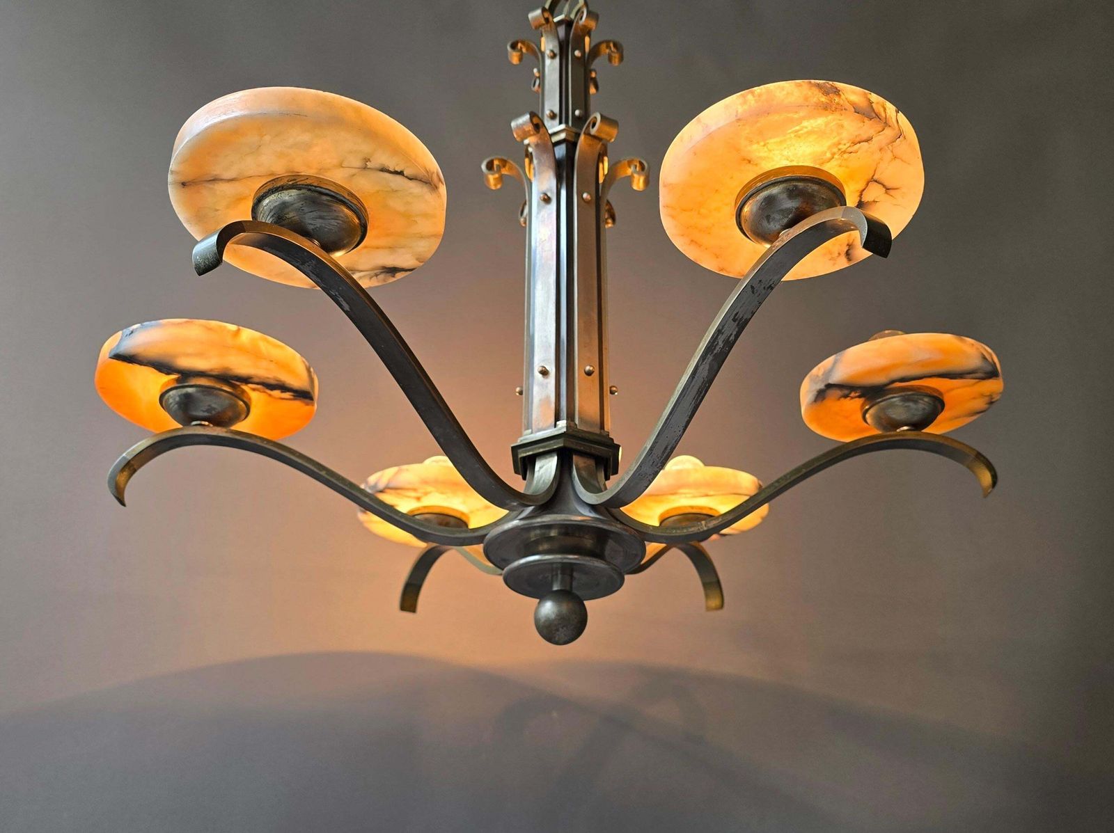 Art Deco Alabaster Chandelier, French 6 Light Iron Fixture, 29” Diameter, 1930s photo Lighting
