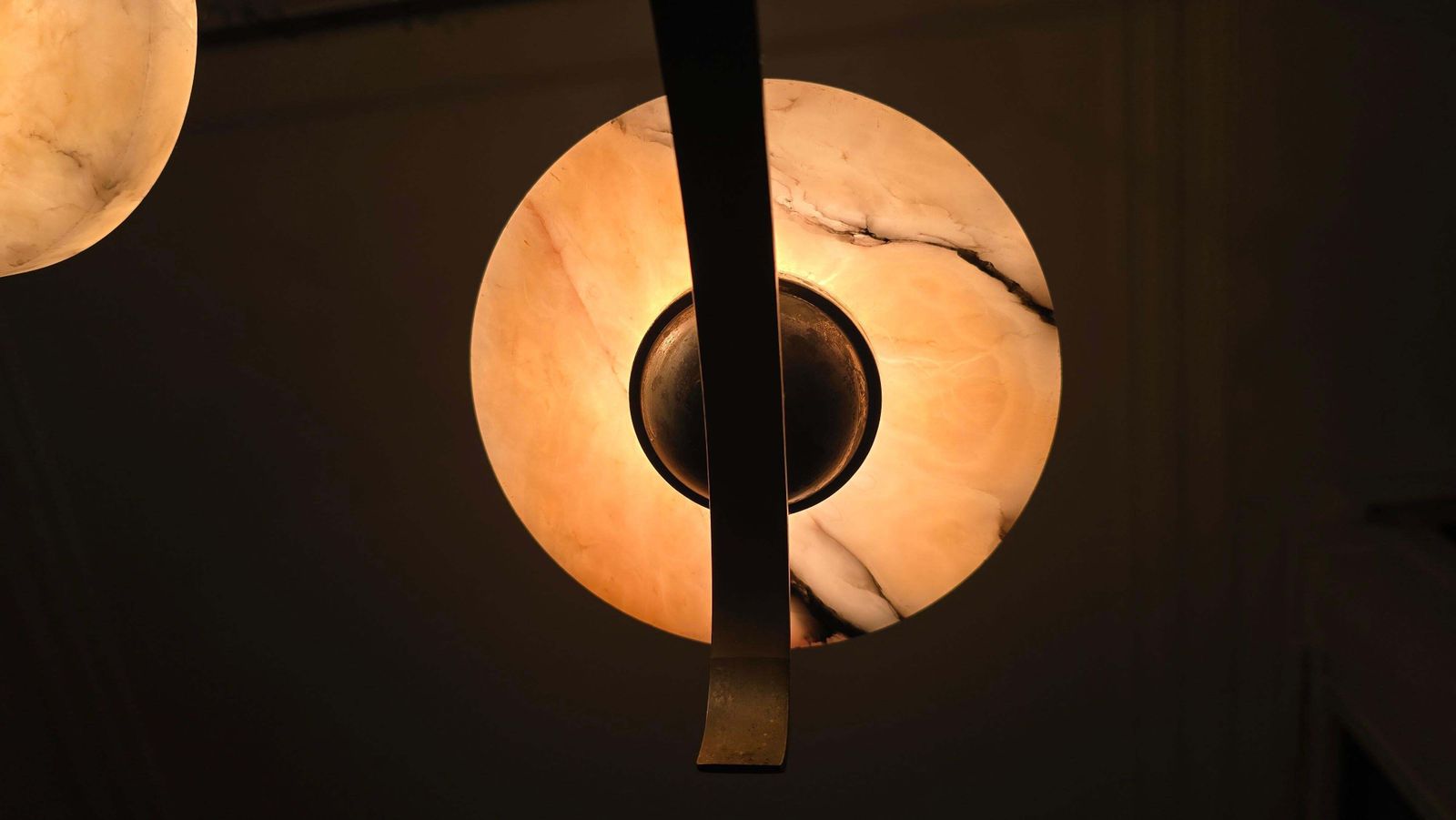 photo for sale Art Deco Alabaster Chandelier, French 6 Light Iron Fixture, 29” Diameter, 1930s