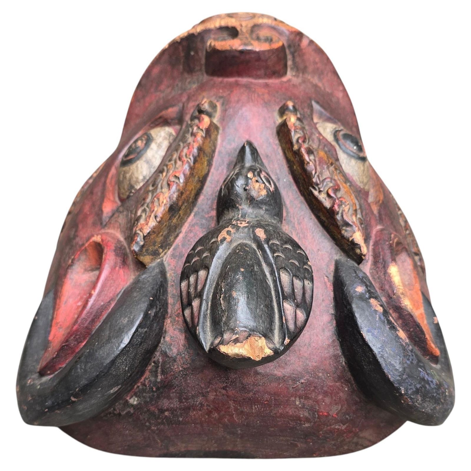 Large Sculptural Indonesian Carved Wood Mask, Polychrome Guardian Figure photo buy